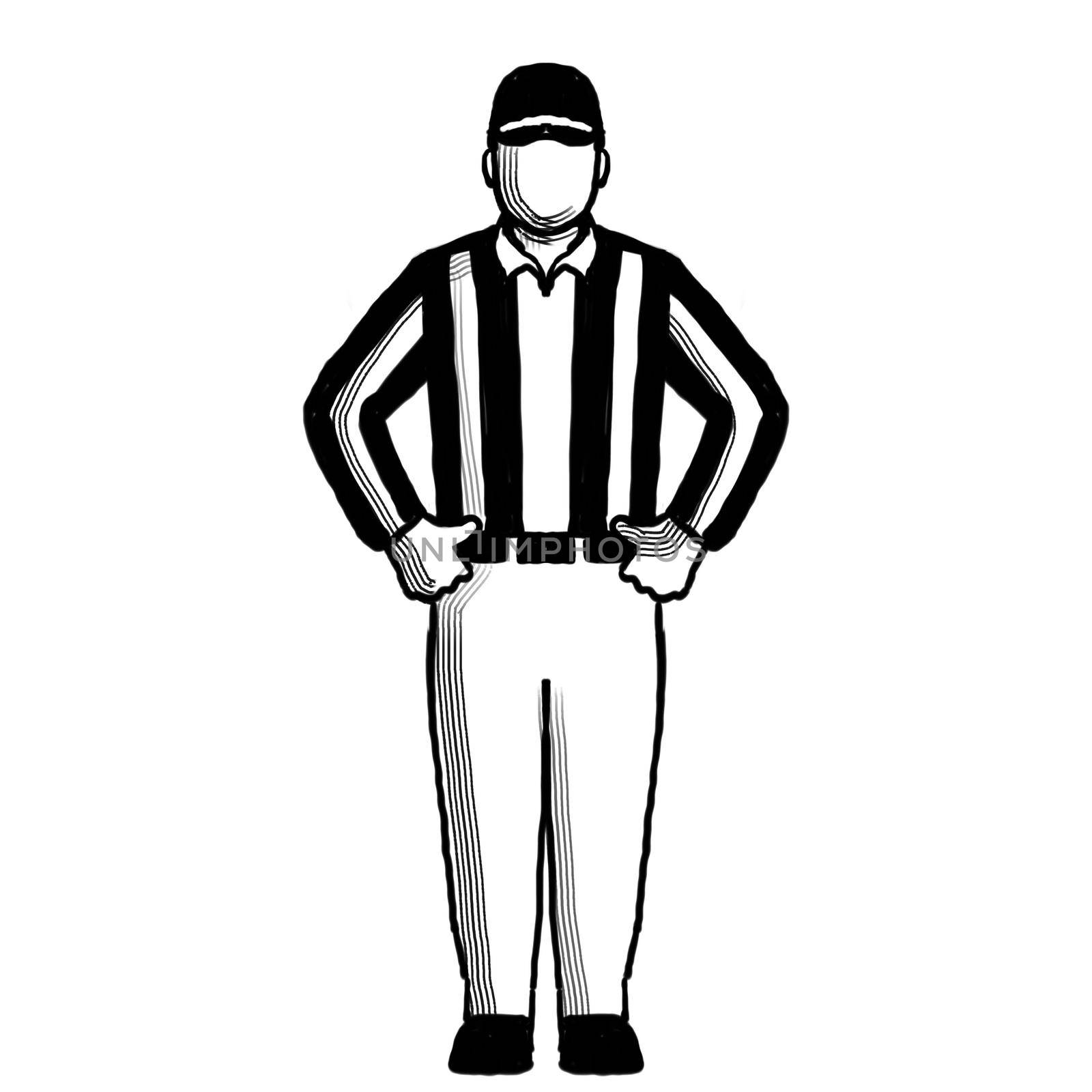 Retro style illustration of an American football referee or official with hand signal showing penalty refused, incomplete pass, missed field goal sign done in black and white.