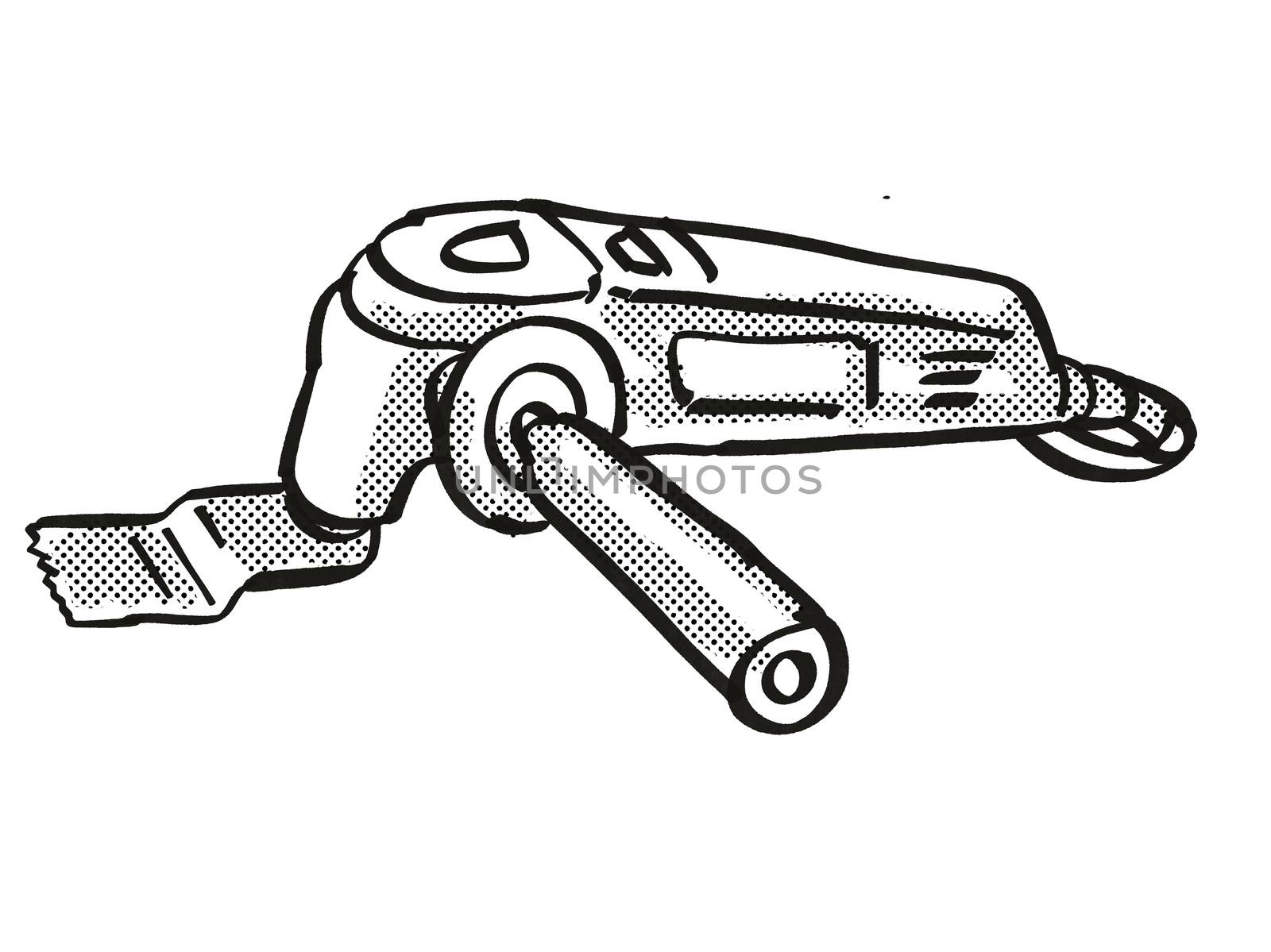 Retro cartoon style drawing of a Multi Function Tool, a power tool or equipment on isolated background done in black and white.