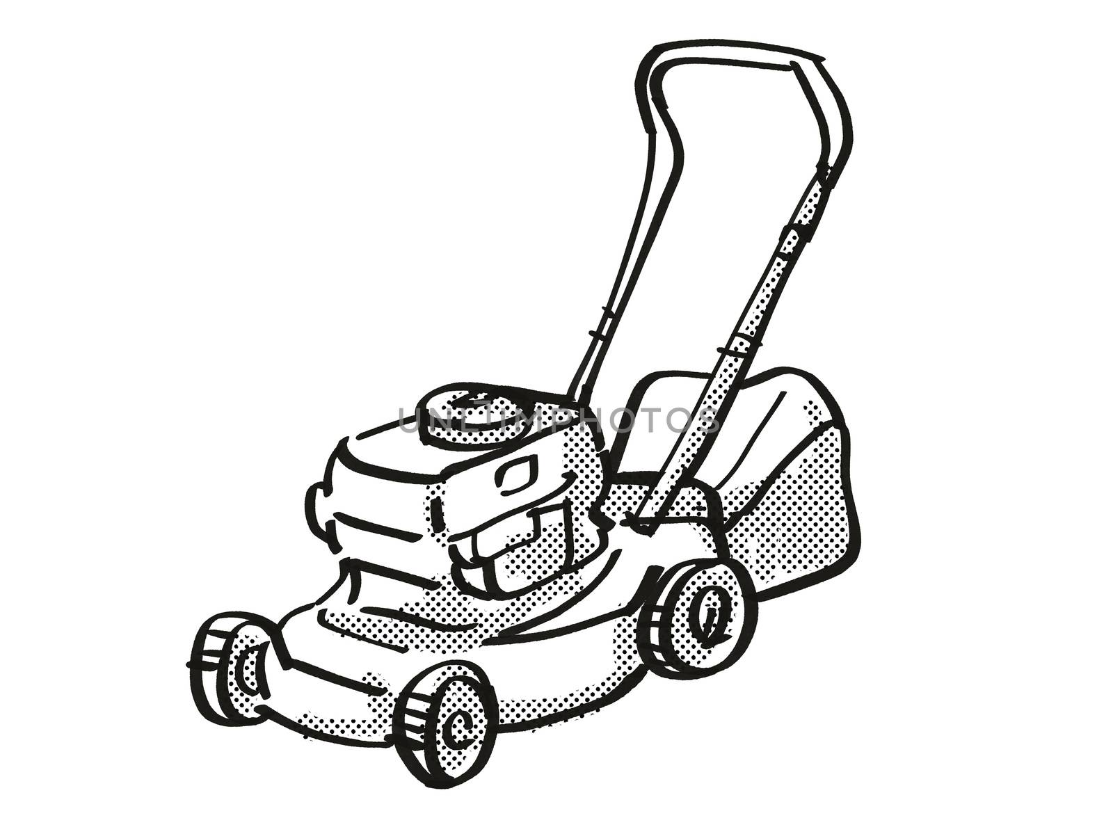 Retro cartoon style drawing of a lawn mower on isolated white background done in black and white.