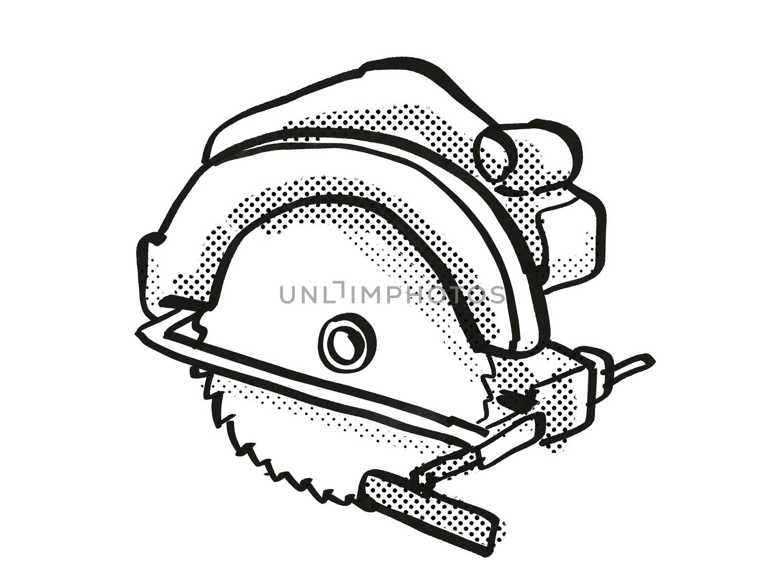 Retro cartoon style drawing of a Circular Saw, a power tool or equipment on isolated white background done in black and white.
