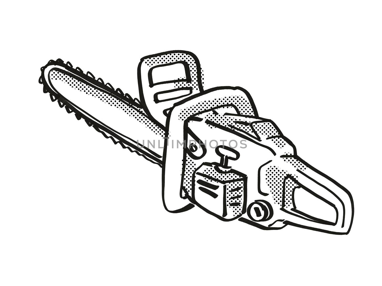 Retro cartoon style drawing of a chainsaw or Chain saw, a power tool or equipment on isolated white background done in black and white.