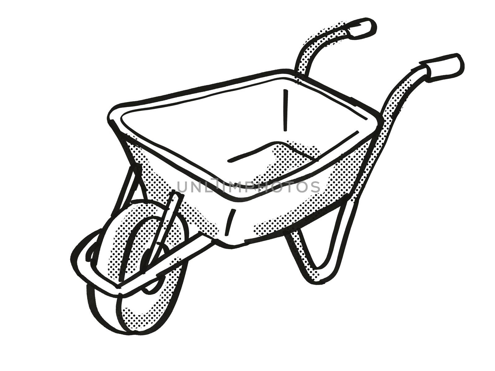 Retro cartoon style drawing of a Wheel Borrow or Wheelborrow Wagon,  a garden or construction tool or equipment  on isolated white background done in black and white.