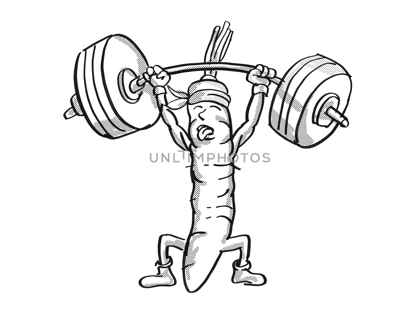 Retro cartoon style drawing of a Carrot, a healthy vegetable lifting a barbell on isolated white background done in black and white.