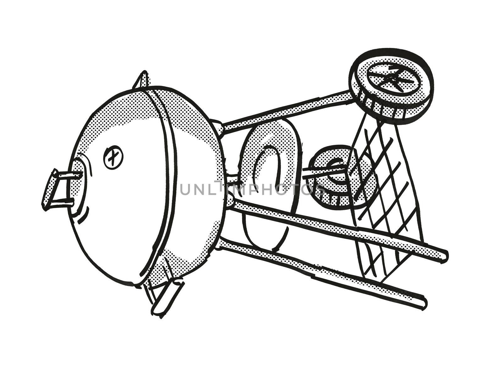 Retro cartoon style drawing of a Portable Barbecue Charcoal Grill on isolated white background done in black and white.