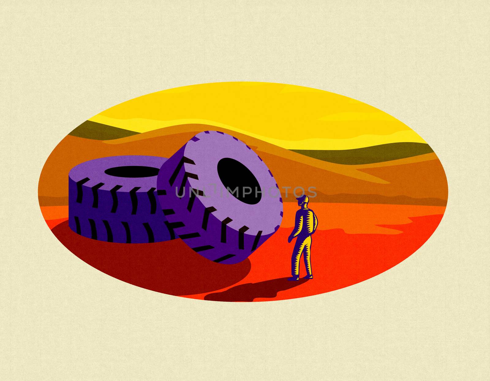 Retro style illustration of a giant mining truck tire with miner looking at at set inside oval  on isolated background on Japanese Paper.