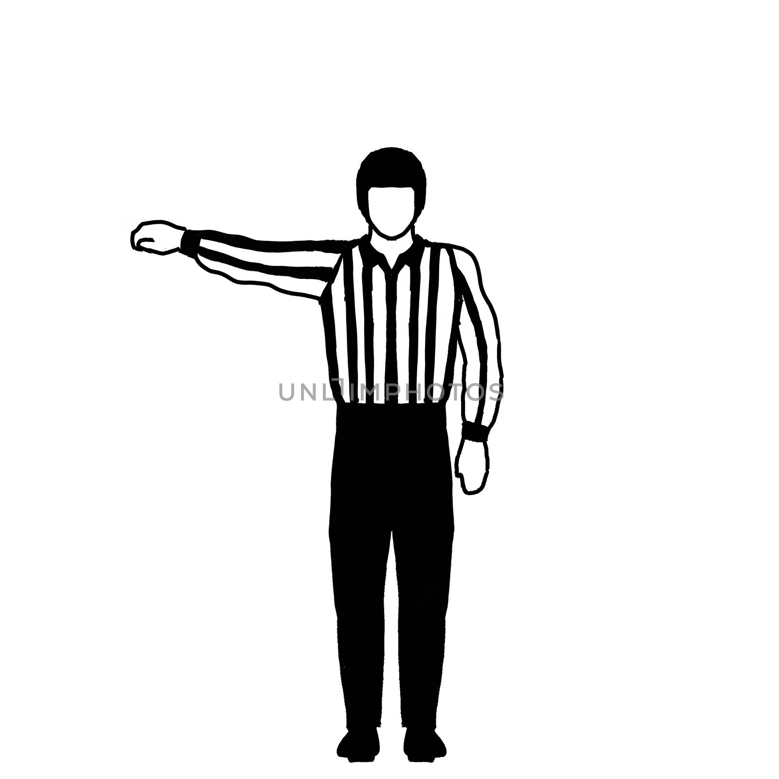 Drawing illustration showing an ice hockey official or referee with different hand signal on isolated background done in black and white.