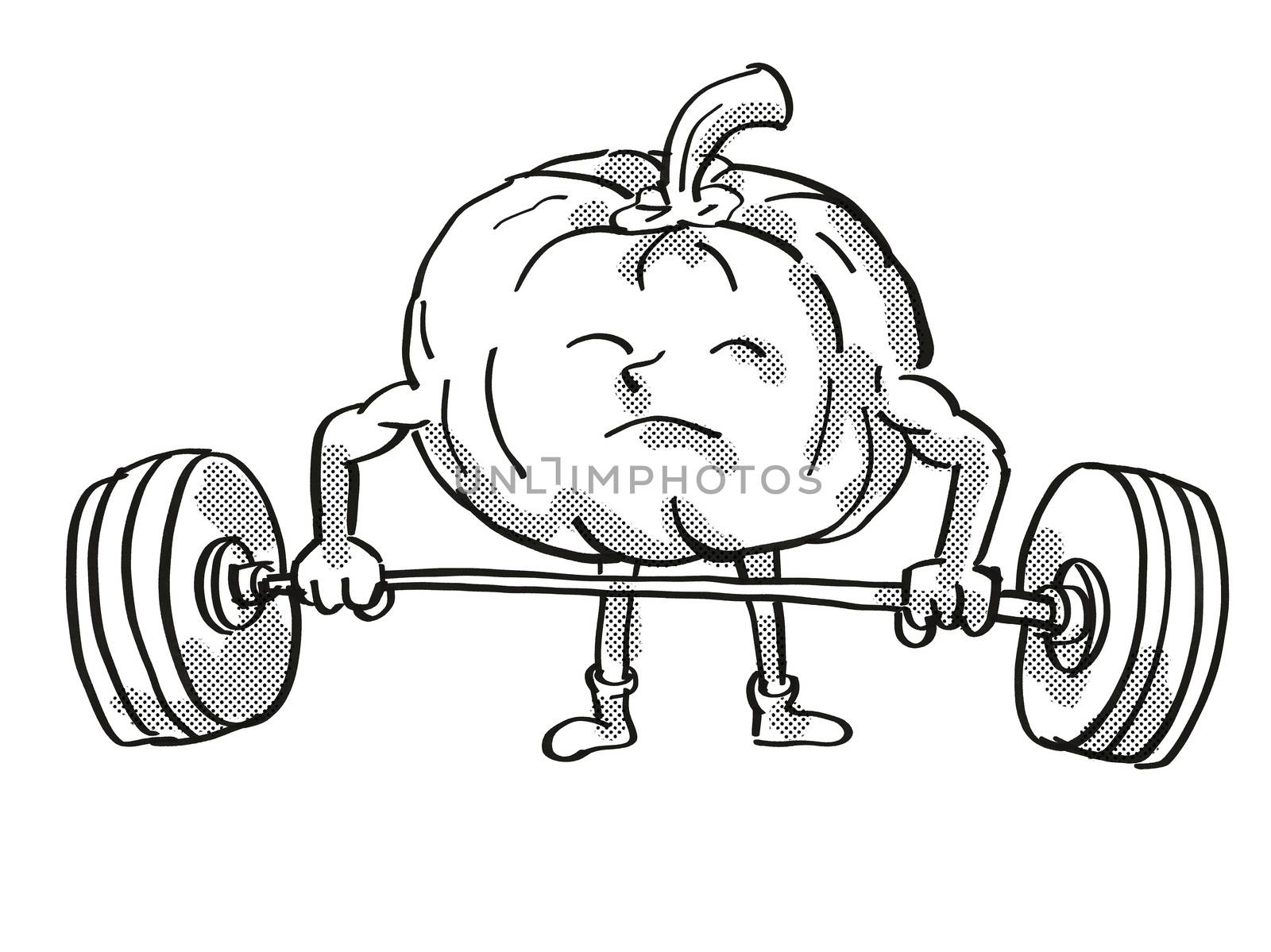 Retro cartoon style drawing of a Pumpkin or Squash, a healthy vegetable lifting a barbell on isolated white background done in black and white