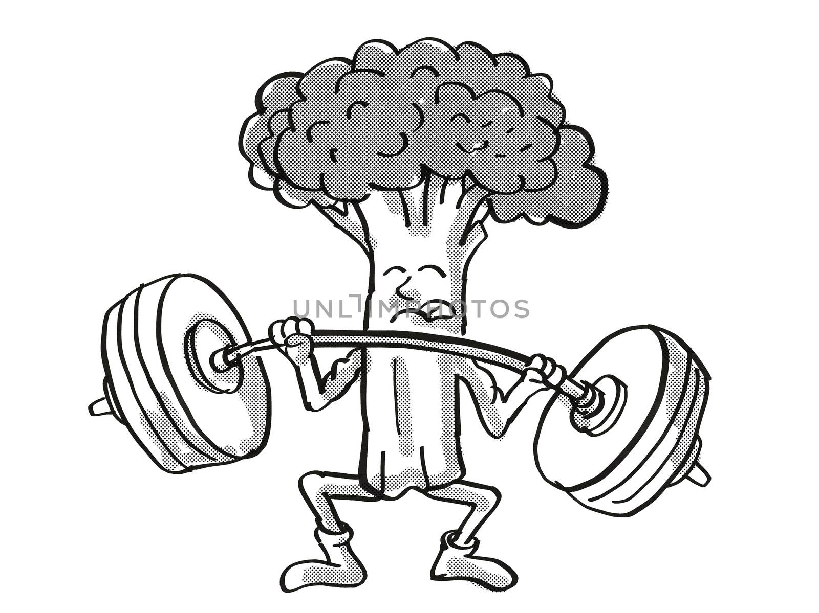 Retro cartoon style drawing of a Broccoli, a healthy vegetable lifting a barbell on isolated white background done in black and white.