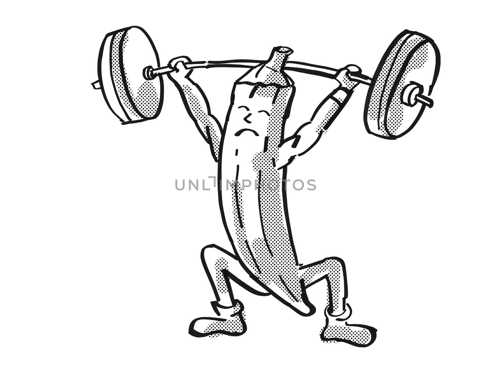 Retro cartoon style drawing of an Okra, ladies fingers or ochro, a healthy vegetable lifting a barbell on isolated white background done in black and white