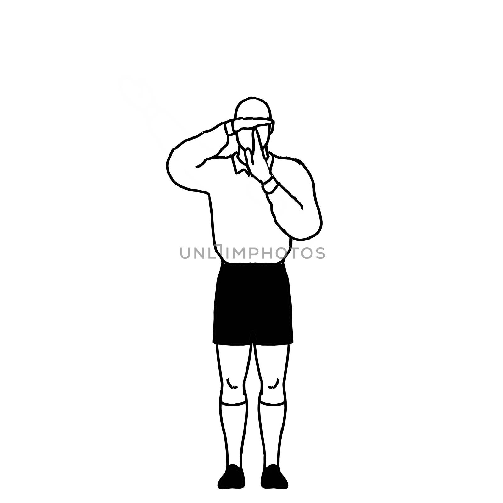 Retro style line drawing illustration showing a rugby referee with penalty refer to TV Match Official hand signal on isolated background in black and white.