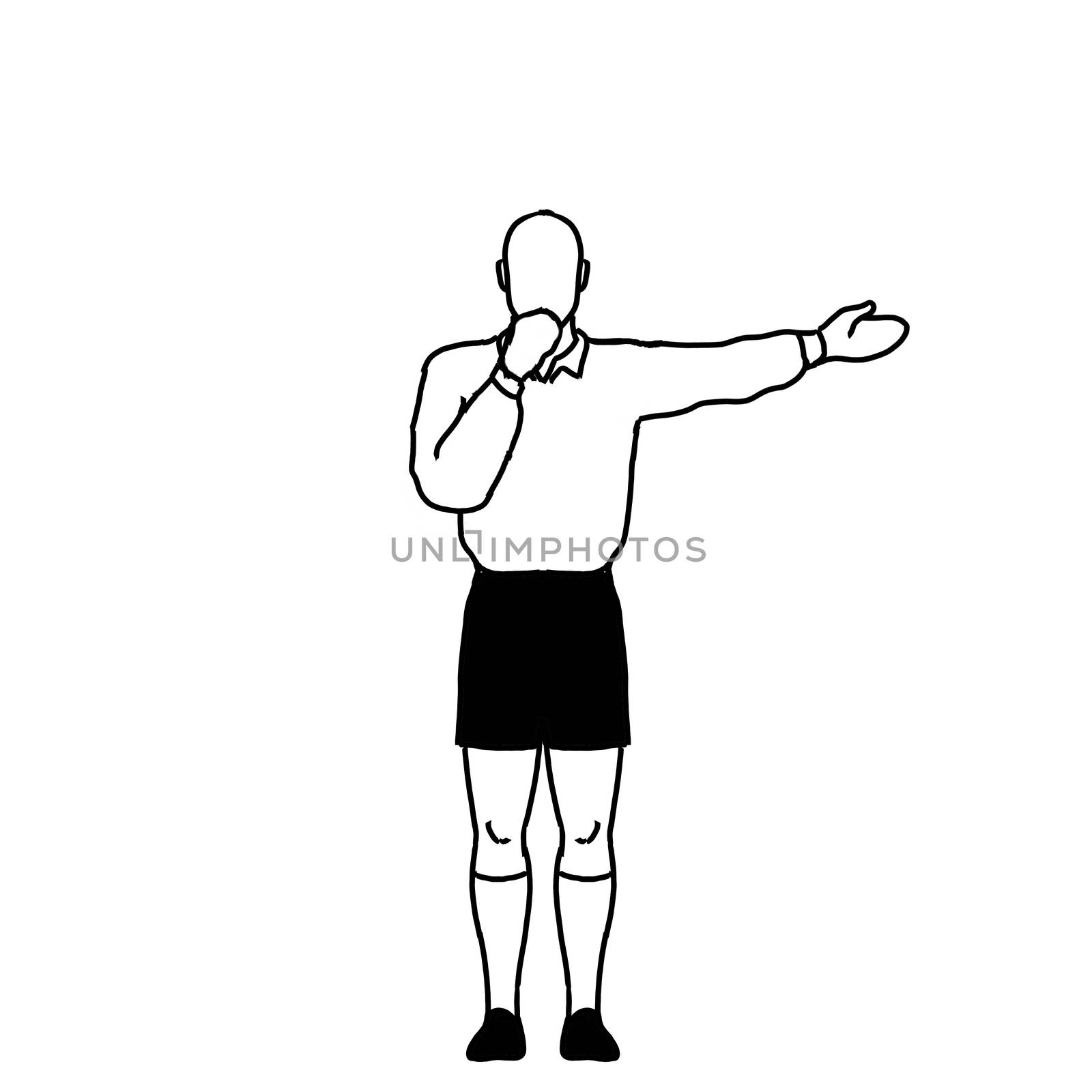 Retro style line drawing illustration showing a rugby referee with penalty Direct Free Kick hand signal on isolated background in black and white.