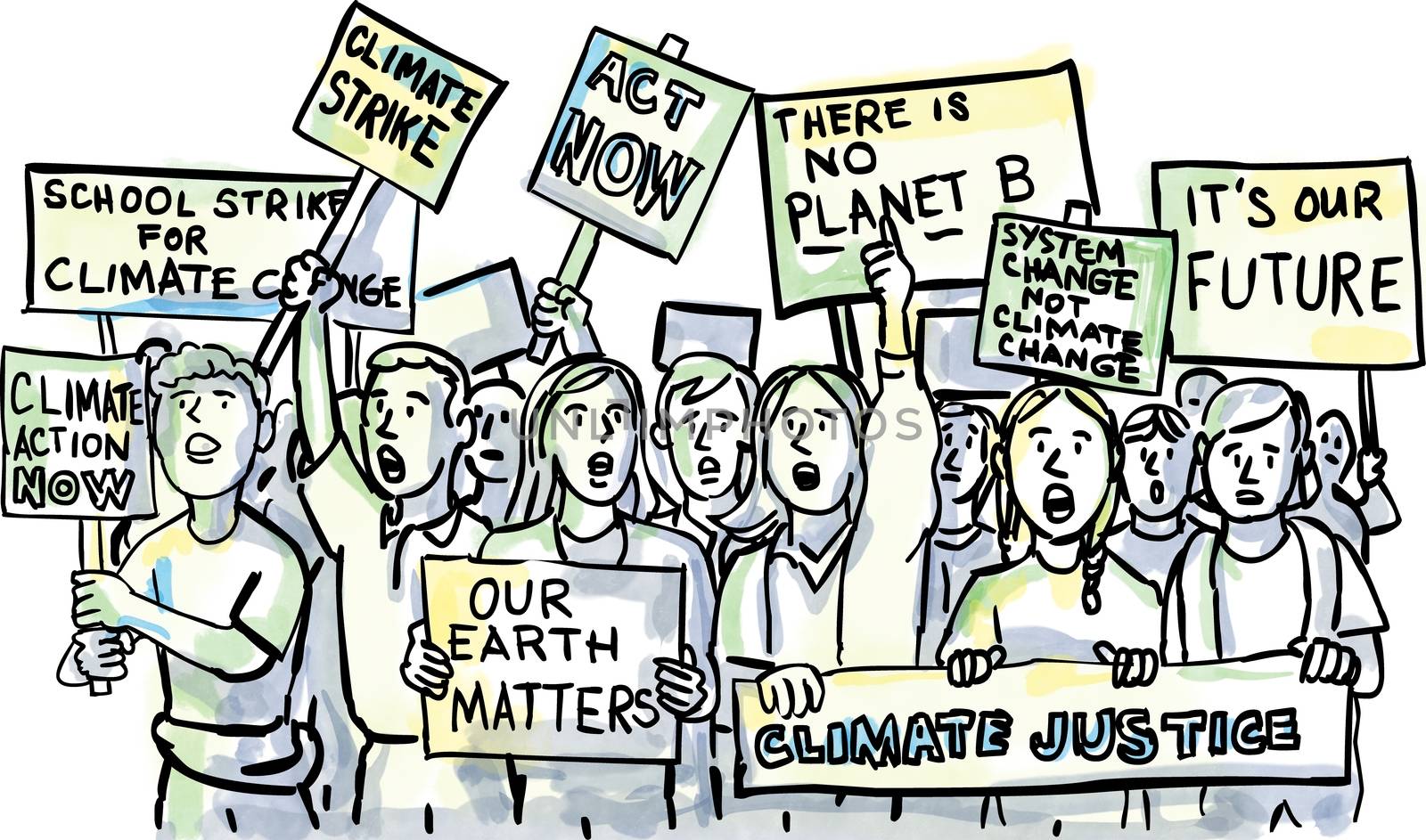 Cartoon watercolor illustration of a group of young students or kids with placards protesting on Climate Change done in full color on isolated white background.
