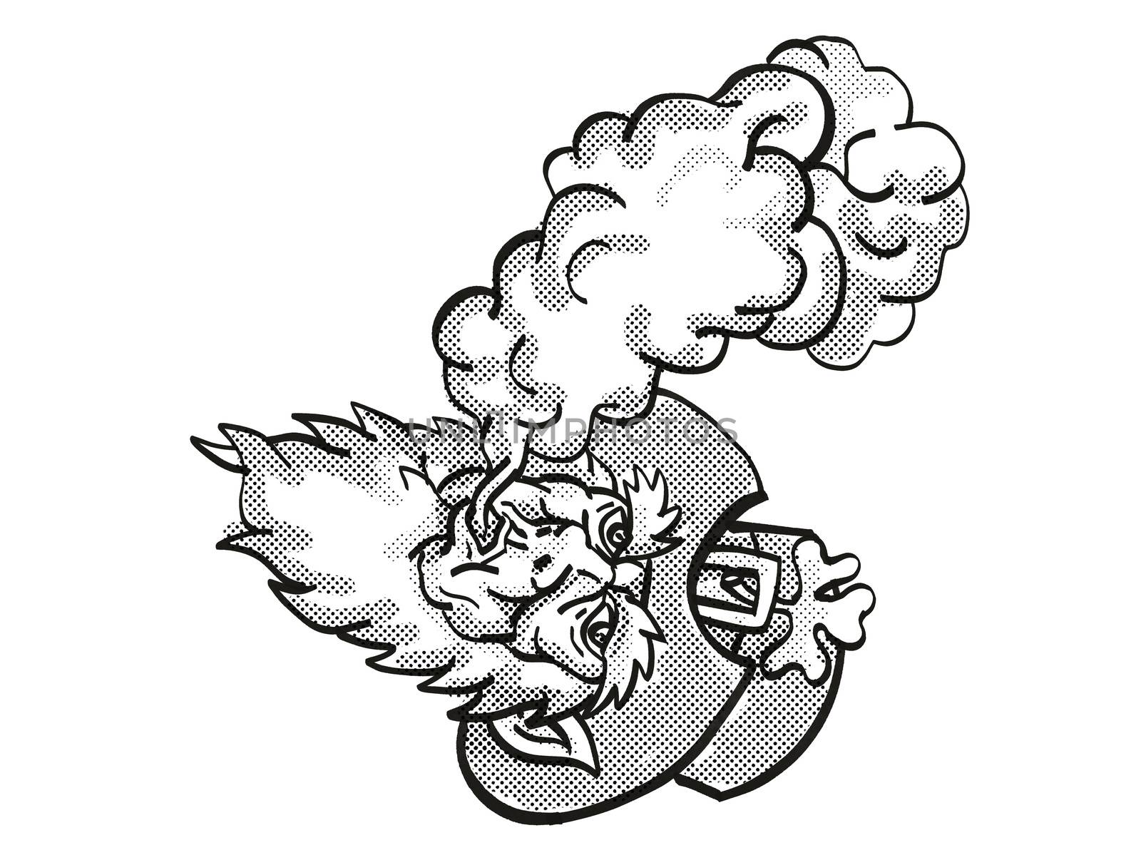 Tattoo cartoon style drawing illustration of an Irish Leprechaun Vaping puffing smoke on isolated background done in black and white.