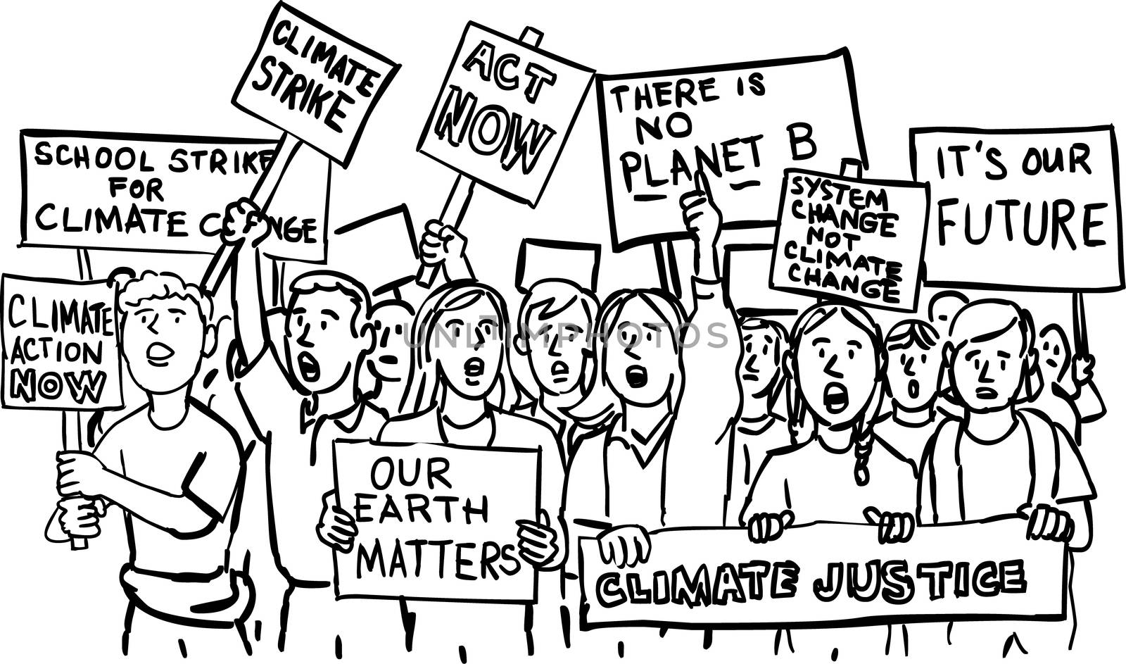 Cartoon style illustration of a group of young students or kids with placards protesting on Climate Change done in black and white on isolated background.