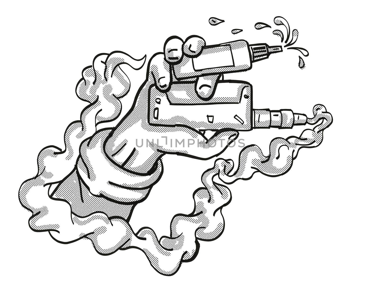 Tattoo cartoon style drawing illustration of a hand holding vape electronic cigarette kit on isolated background done in black and white.