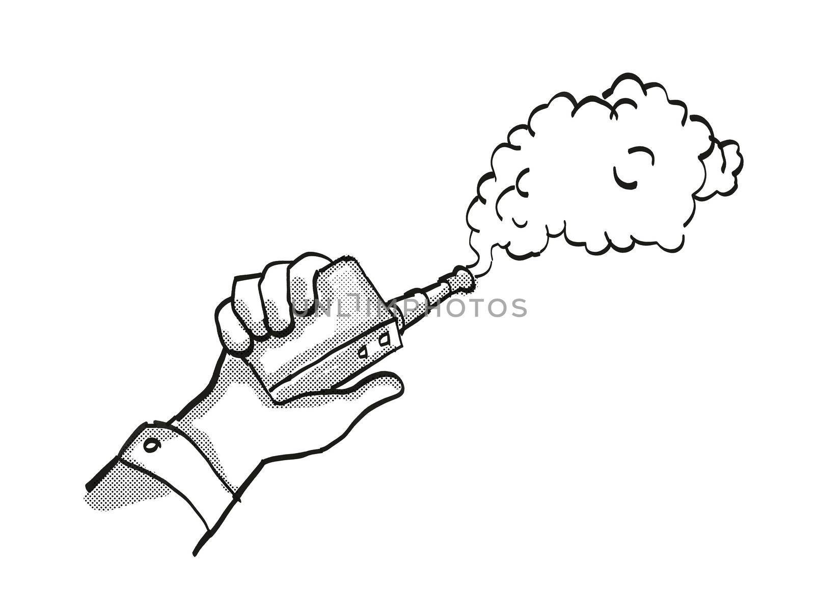 Tattoo cartoon style drawing illustration of a hand holding vape electronic cigarette or vaper smoking with puff of smoke on isolated background done in black and white.