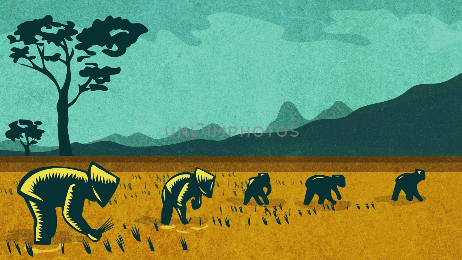 Retro style illustration of a Vietnamese or South East Asian farmers planting rice in rice paddy field with mountains in background.