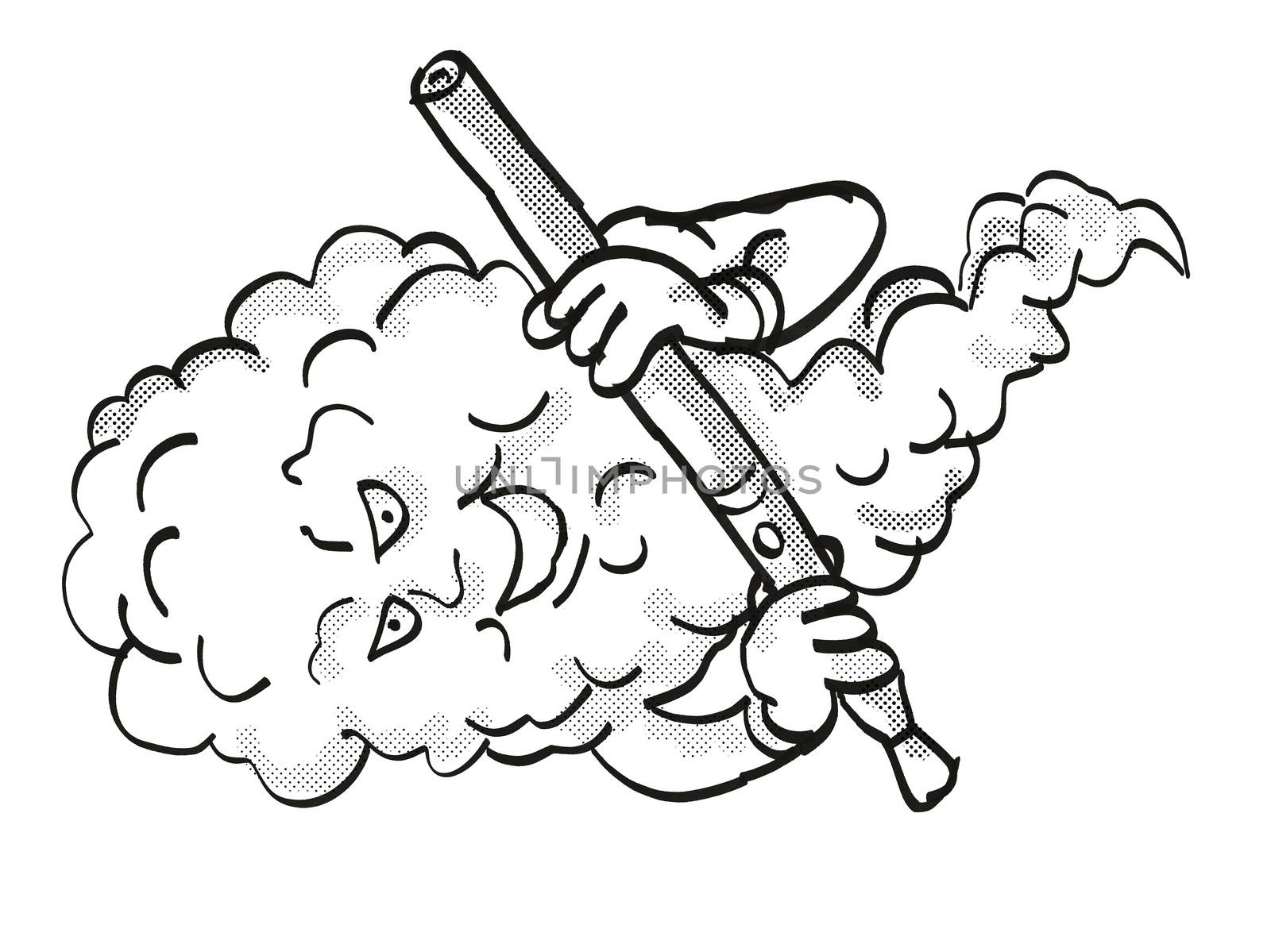 Tattoo cartoon style drawing illustration of a Vape Mascot Holding Electronic Cigarette on isolated background done in black and white.