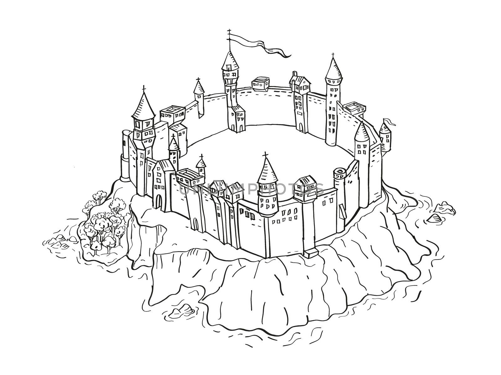 Castle or Fortress on Island Vintage Fantasy Map Cartoon Retro Drawing by patrimonio