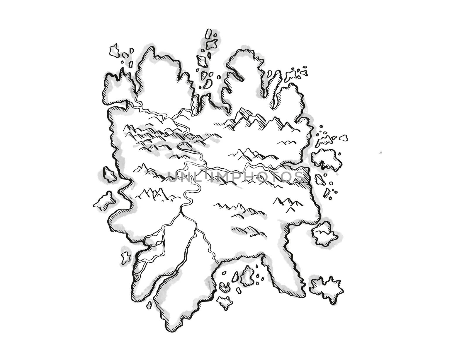 Retro cartoon style drawing of a vintage fantasy or treasure map showing an Island With Mountains and Rivers on isolated white background done in black and white.