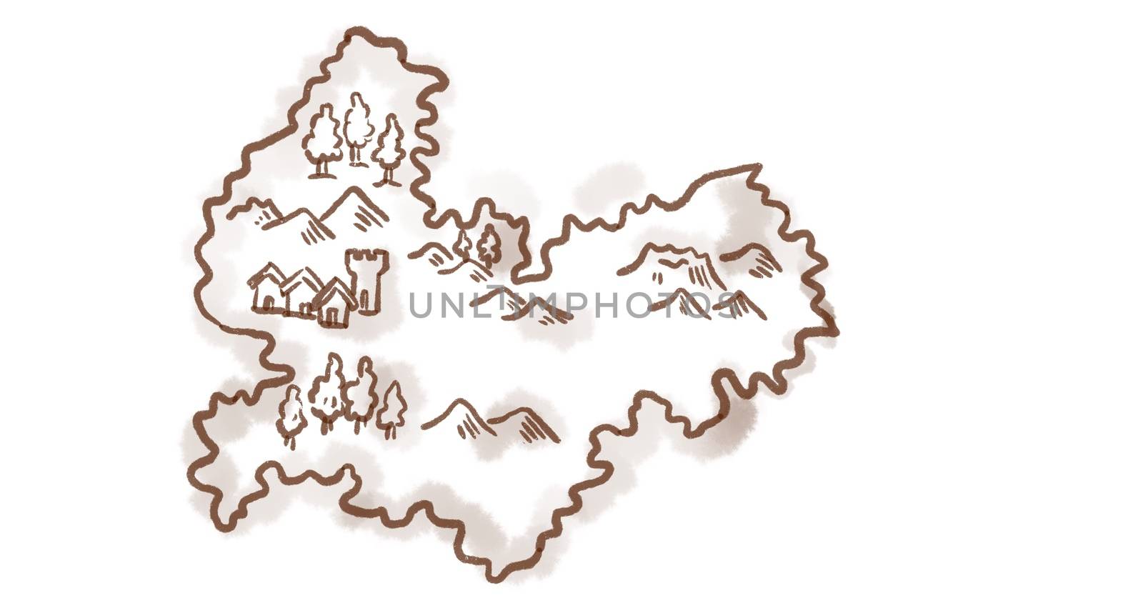 Retro style sketch drawing of a vintage medieval fantasy map of an island on white background.