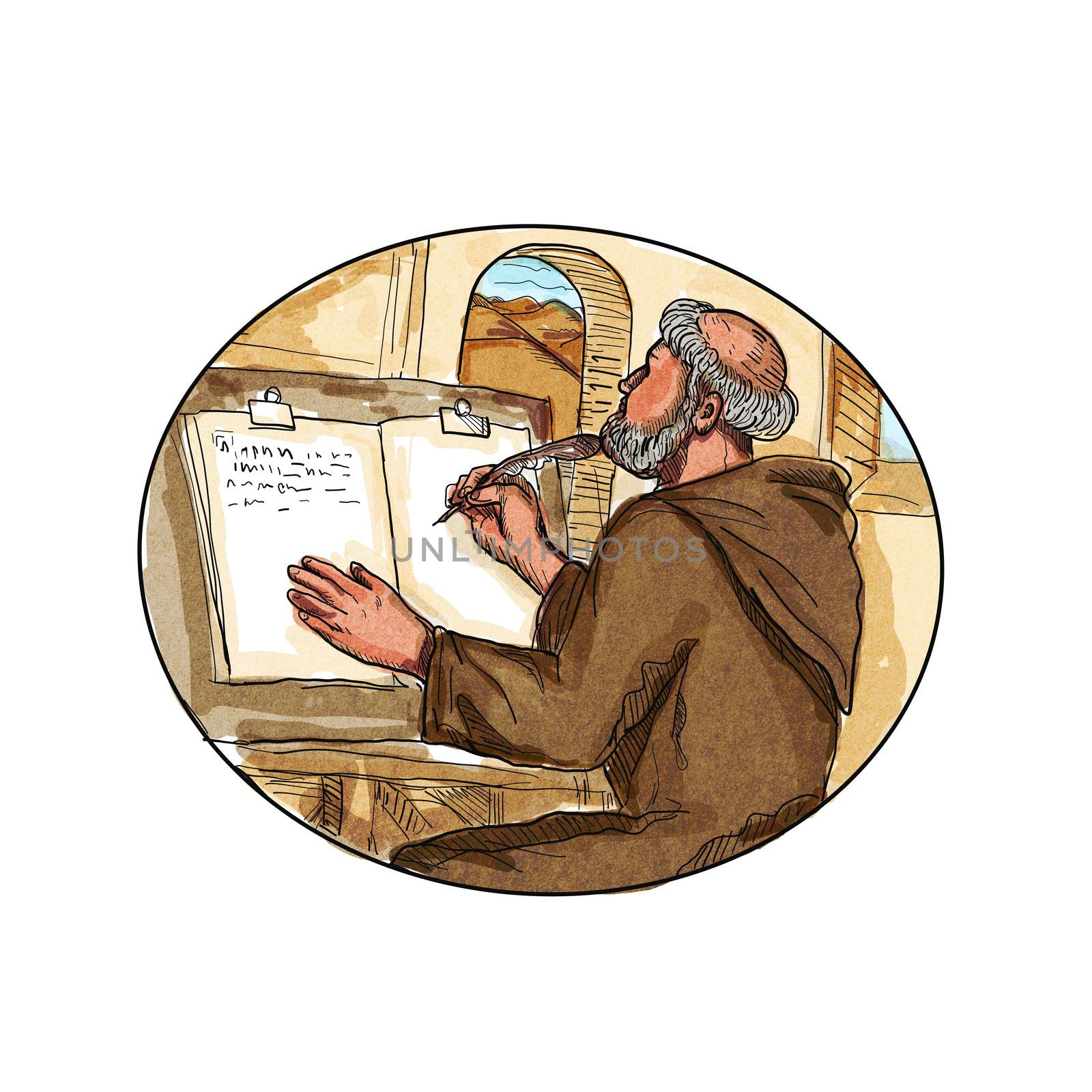 Retro style drawing illustration of a Medieval monk or friar in a monastery writing or transcribing a book set inside oval on isolated background.