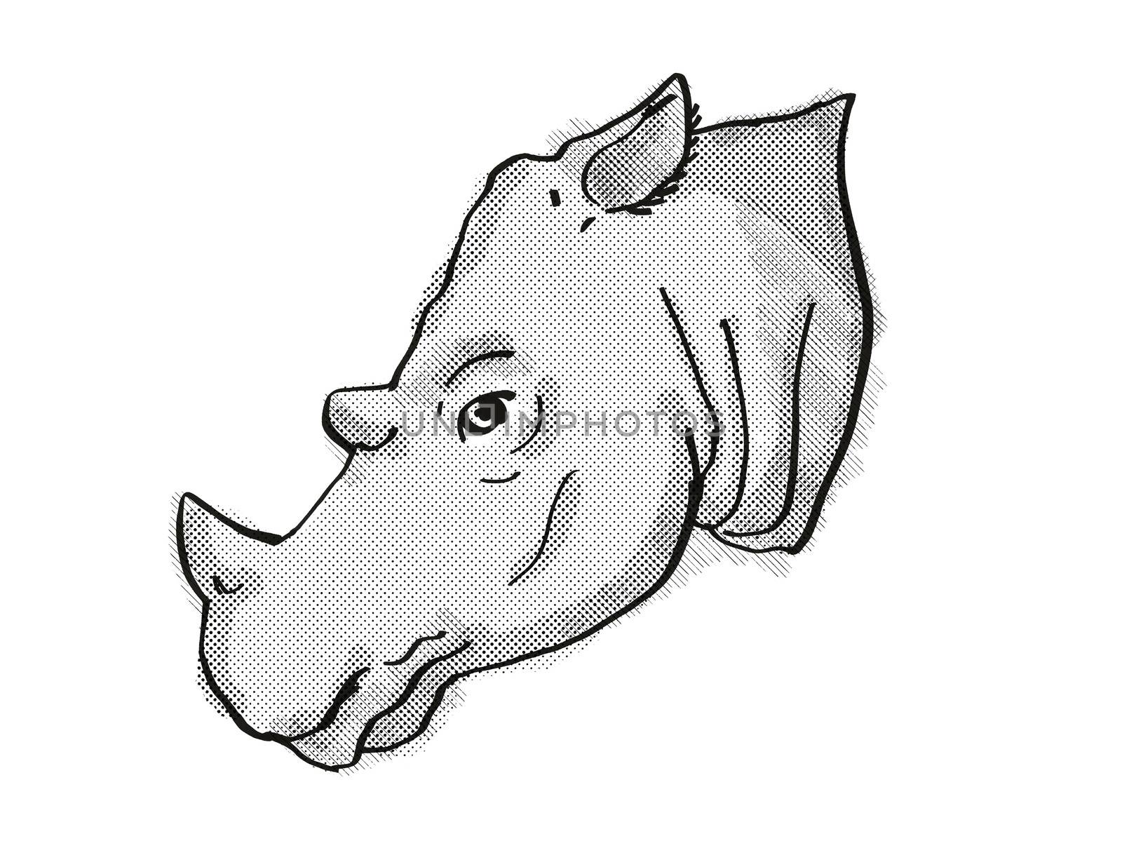 Retro cartoon style drawing of head of a Sumatran Rhinoceros , an endangered wildlife species on isolated white background done in black and white.