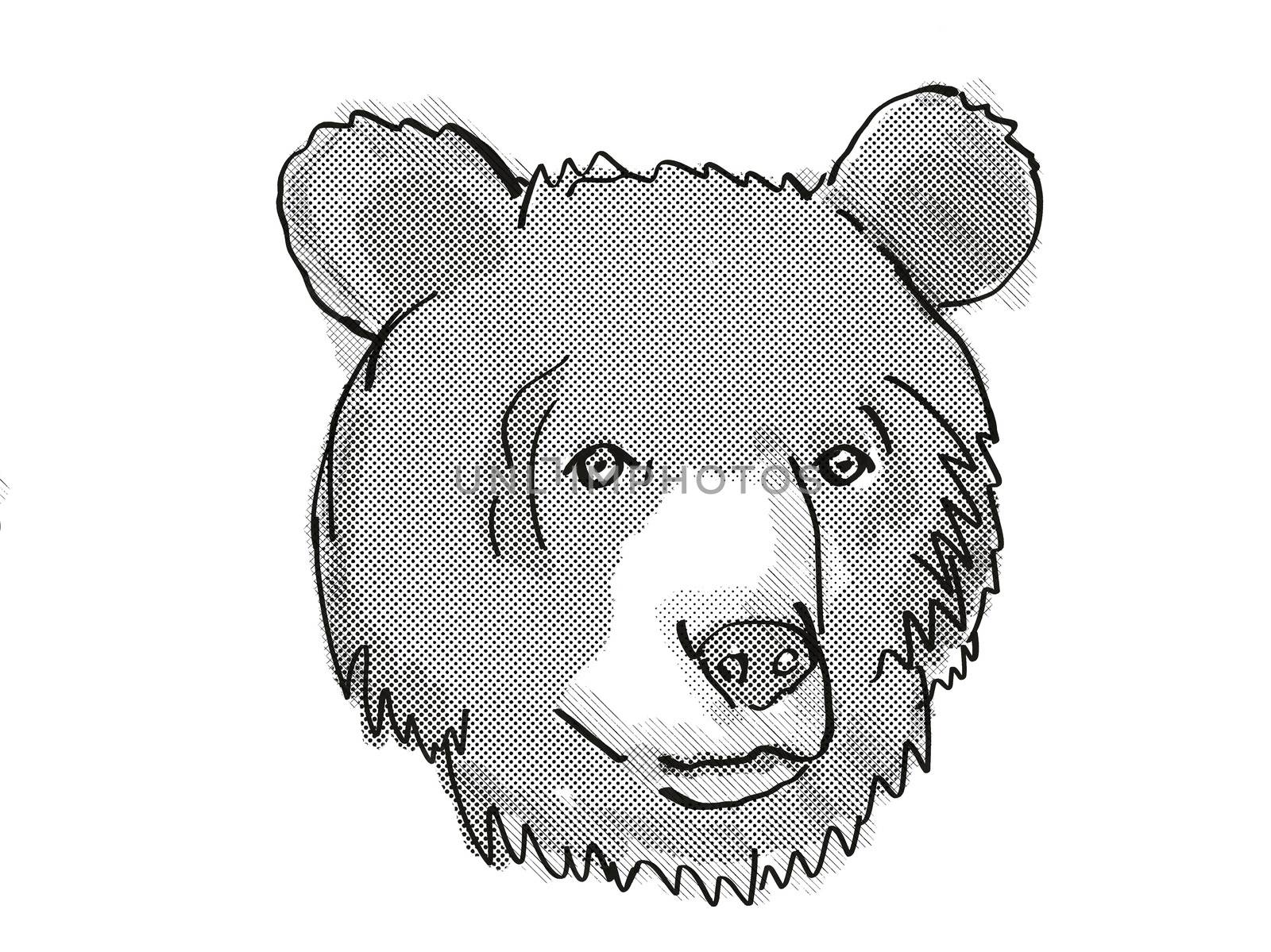 Retro cartoon style drawing of head of an Asiatic Black Bear , an endangered wildlife species on isolated white background done in black and white.