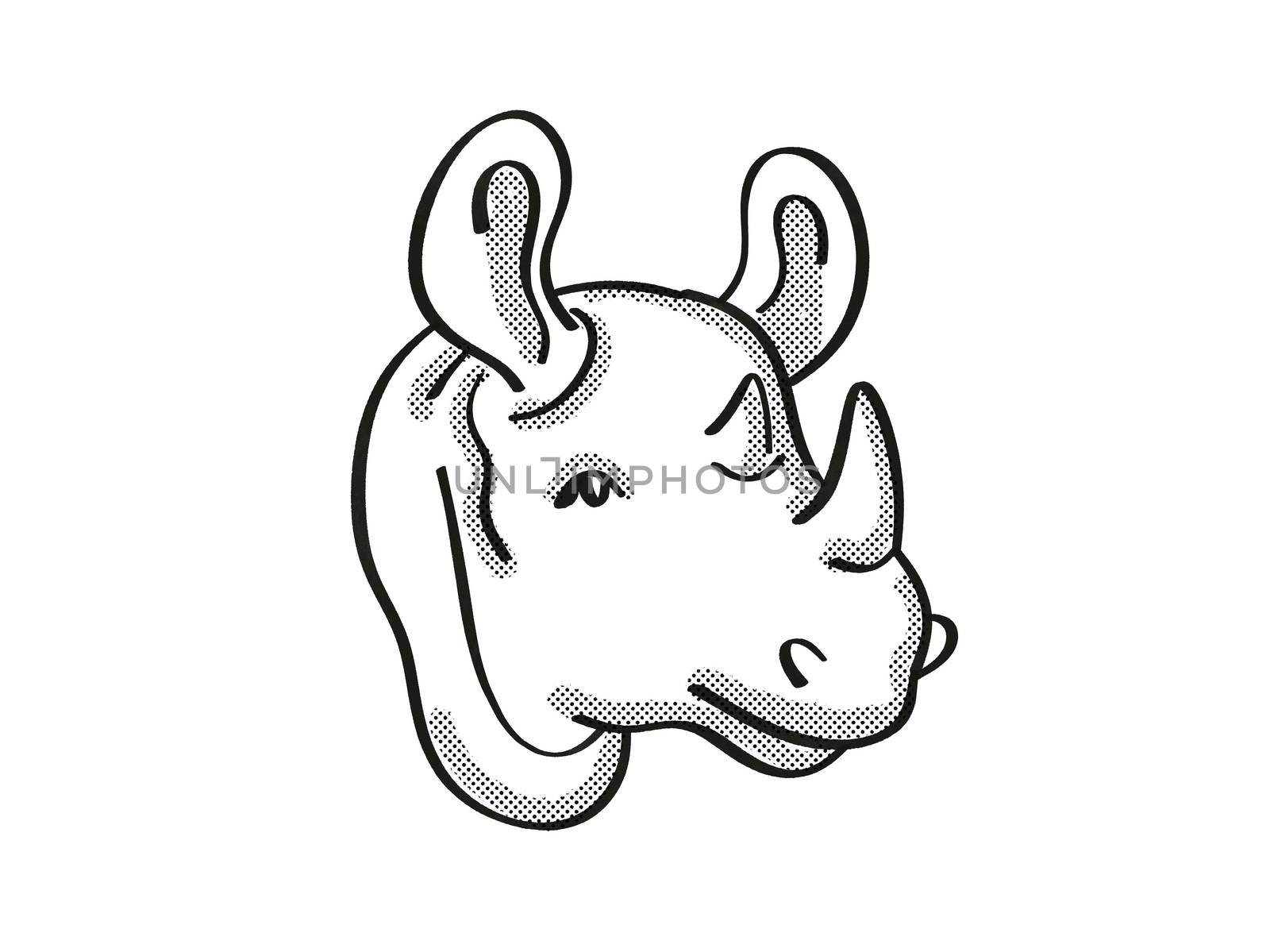 Retro cartoon mono line style drawing of head of a Black rhinoceros, an endangered wildlife species on isolated white background done in black and white.
