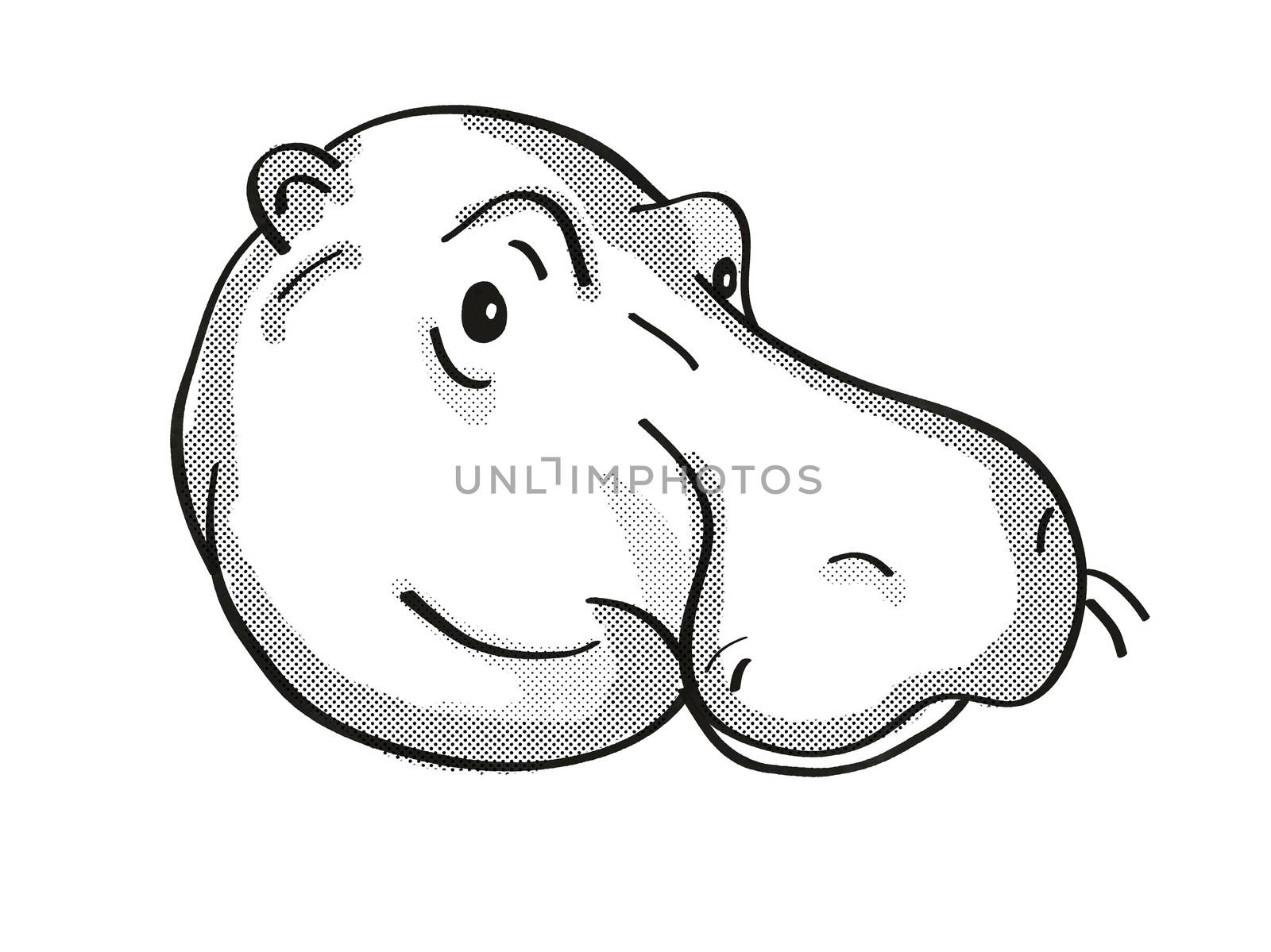 Retro cartoon mono line style drawing of head of a Common hippopotamus, Hippopotamus amphibius, an endangered wildlife species on isolated white background done in black and white.