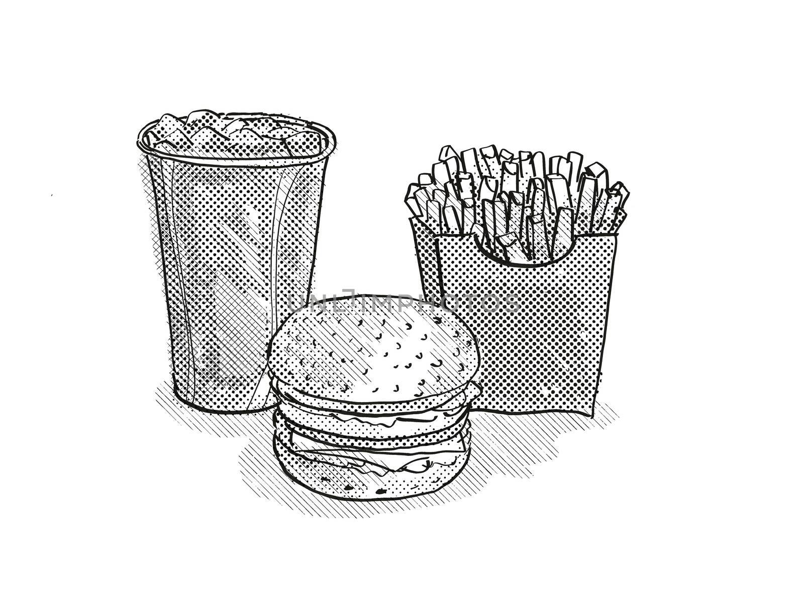 Retro cartoon style drawing of a hamburger or cheeseburger burger, small  fries and soft drink in fountain cup on isolated white background done in black and white