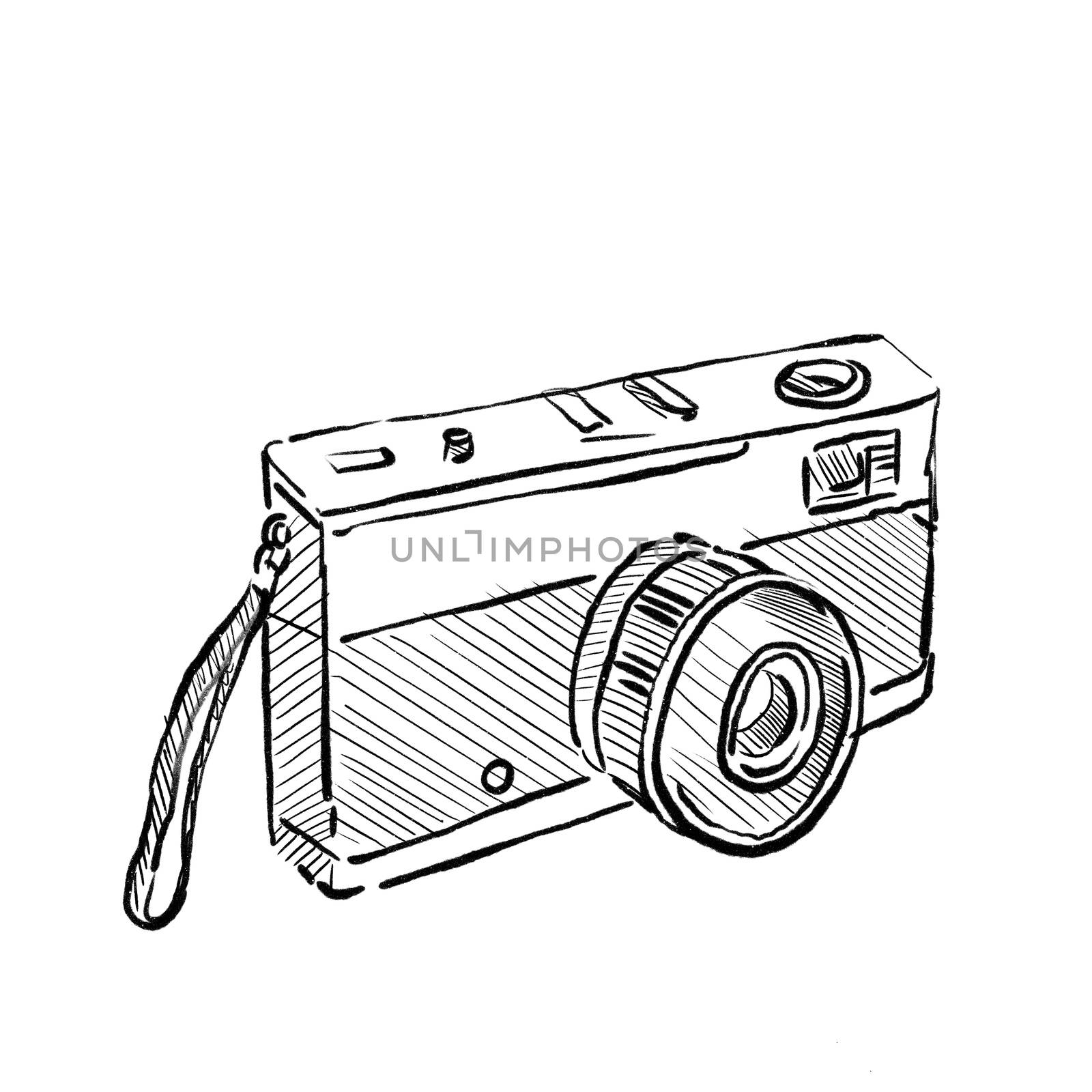 Drawing sketch style illustration of Vintage 35mm SLR Film Camera on isolated white background.