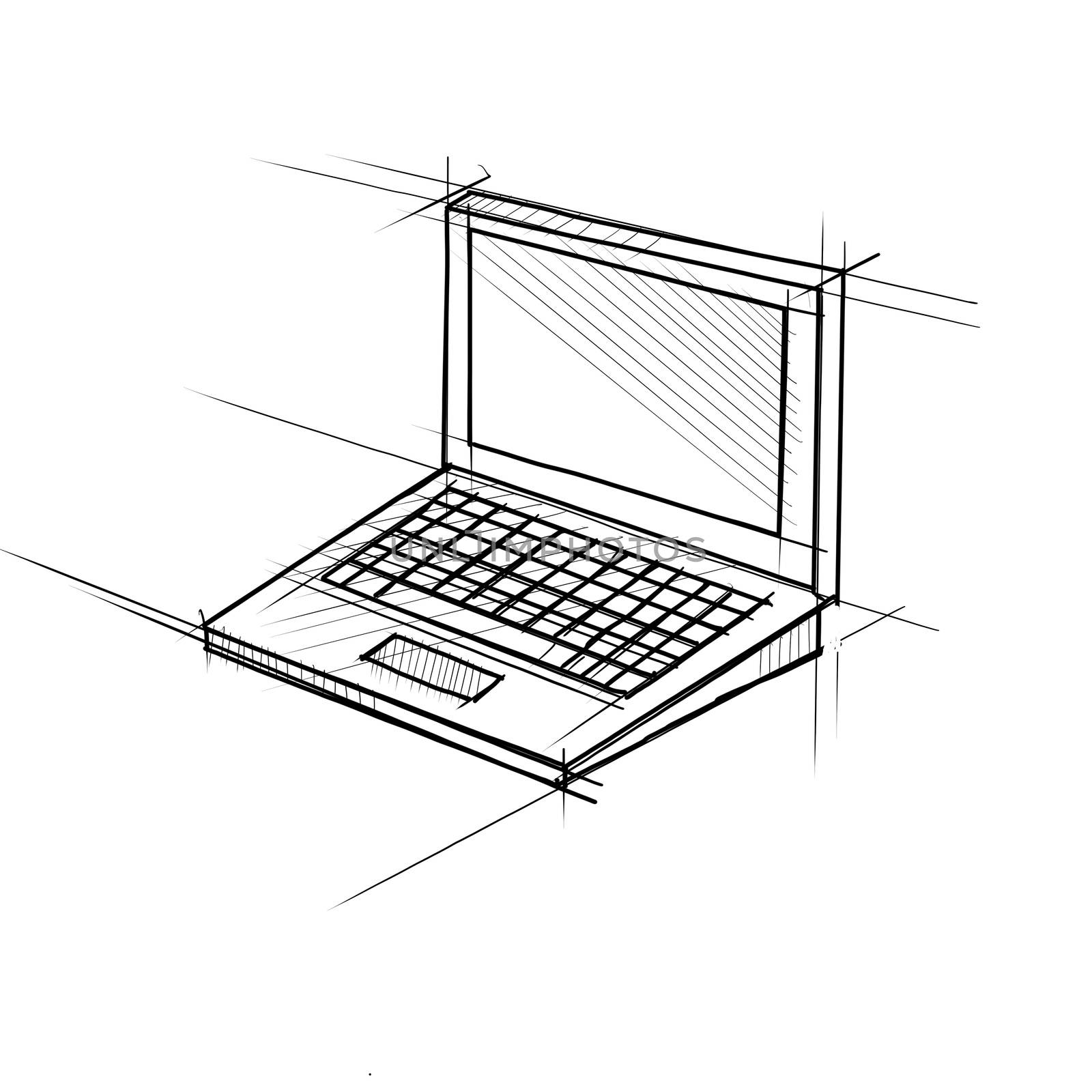 Technical Drawing sketch style illustration of a laptop computer on screen on isolated white background.