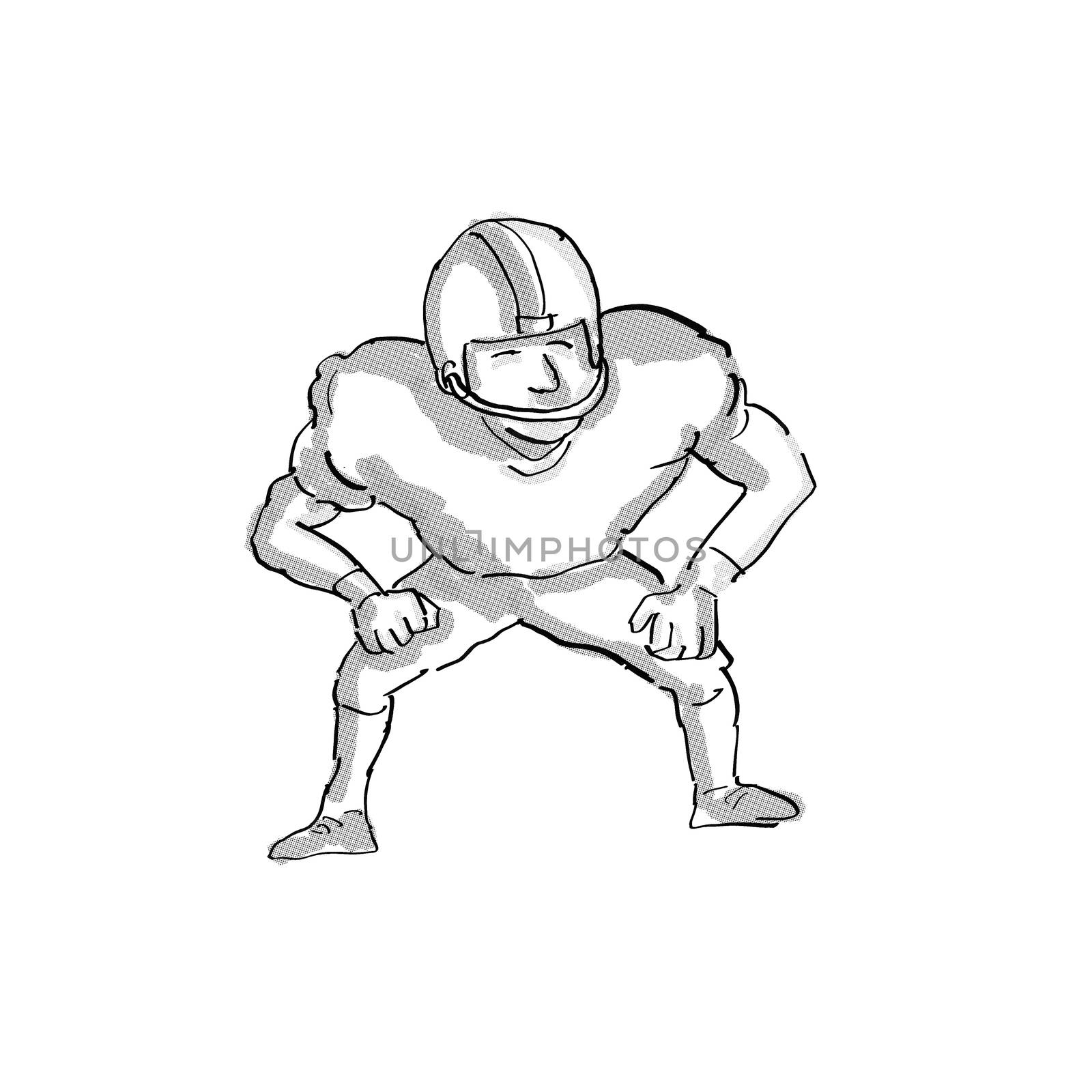 Cartoon style illustration of an American football player done in black and white on isolated white background