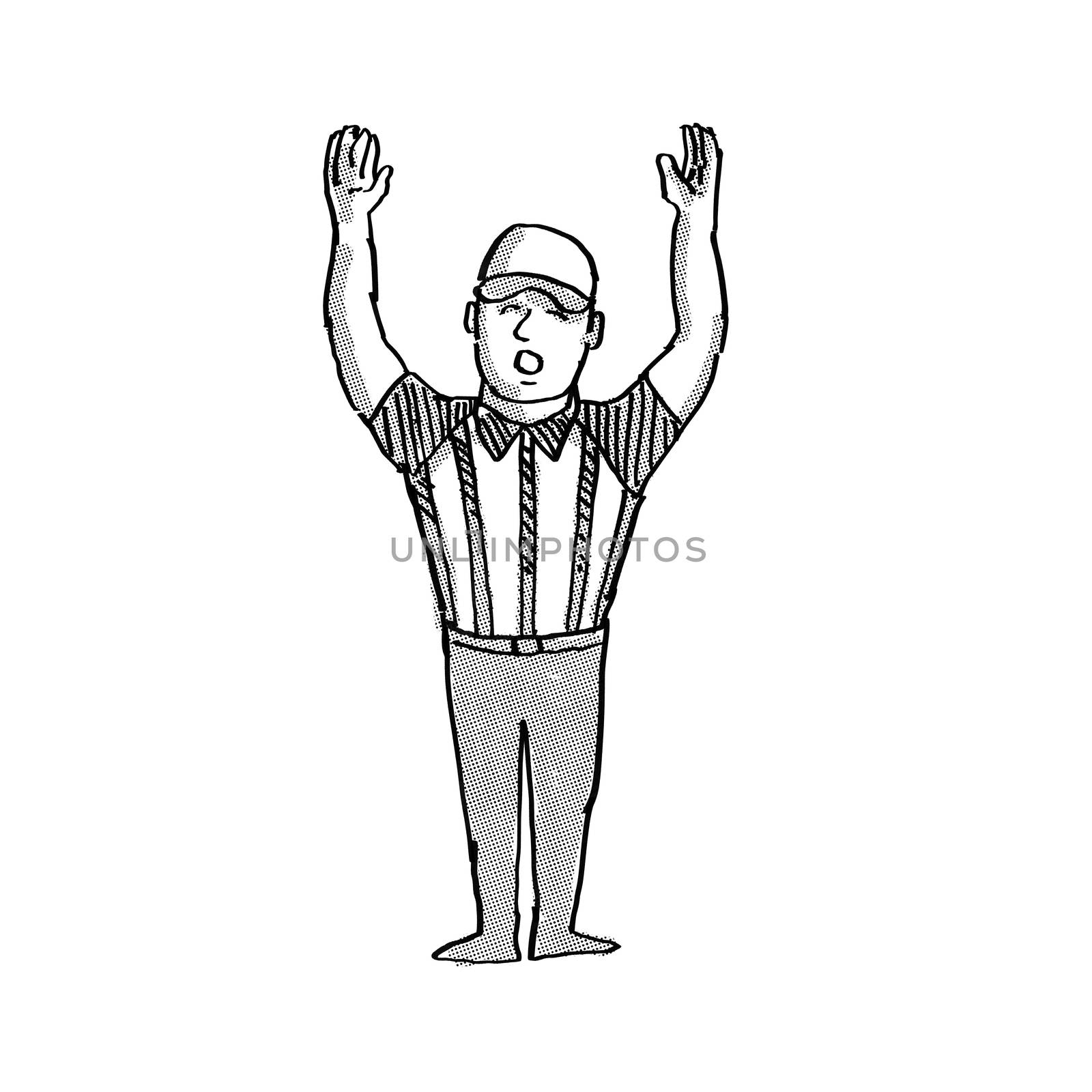 Cartoon style illustration of an American football official or referee done in black and white on isolated white background