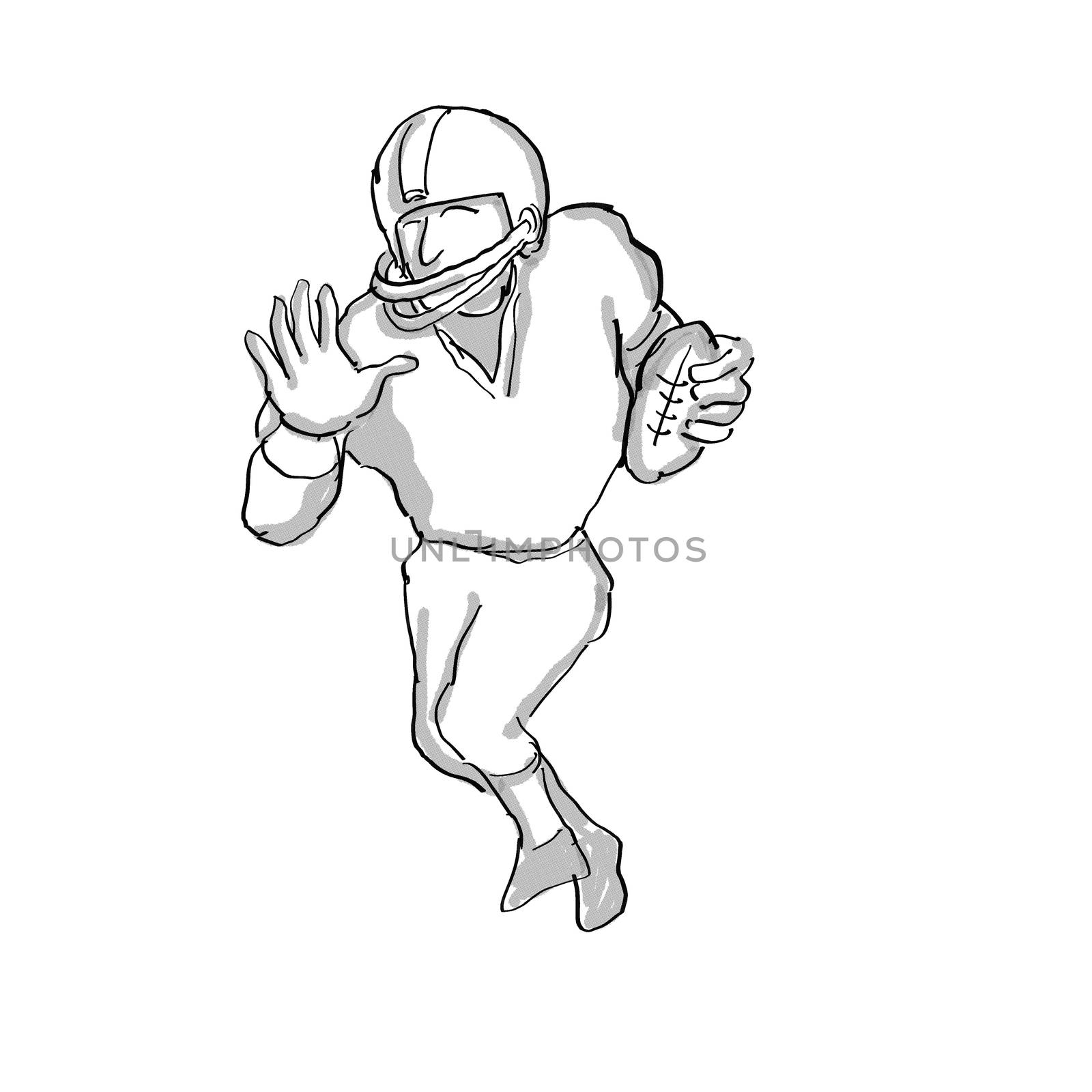 Cartoon style illustration of an American football player done in black and white on isolated white background