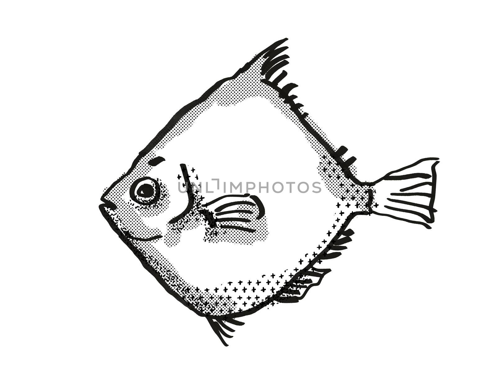 Retro cartoon style drawing of a Rosy Deepsea Boarfish , a native Australian marine life species viewed from side on isolated white background done in black and white.