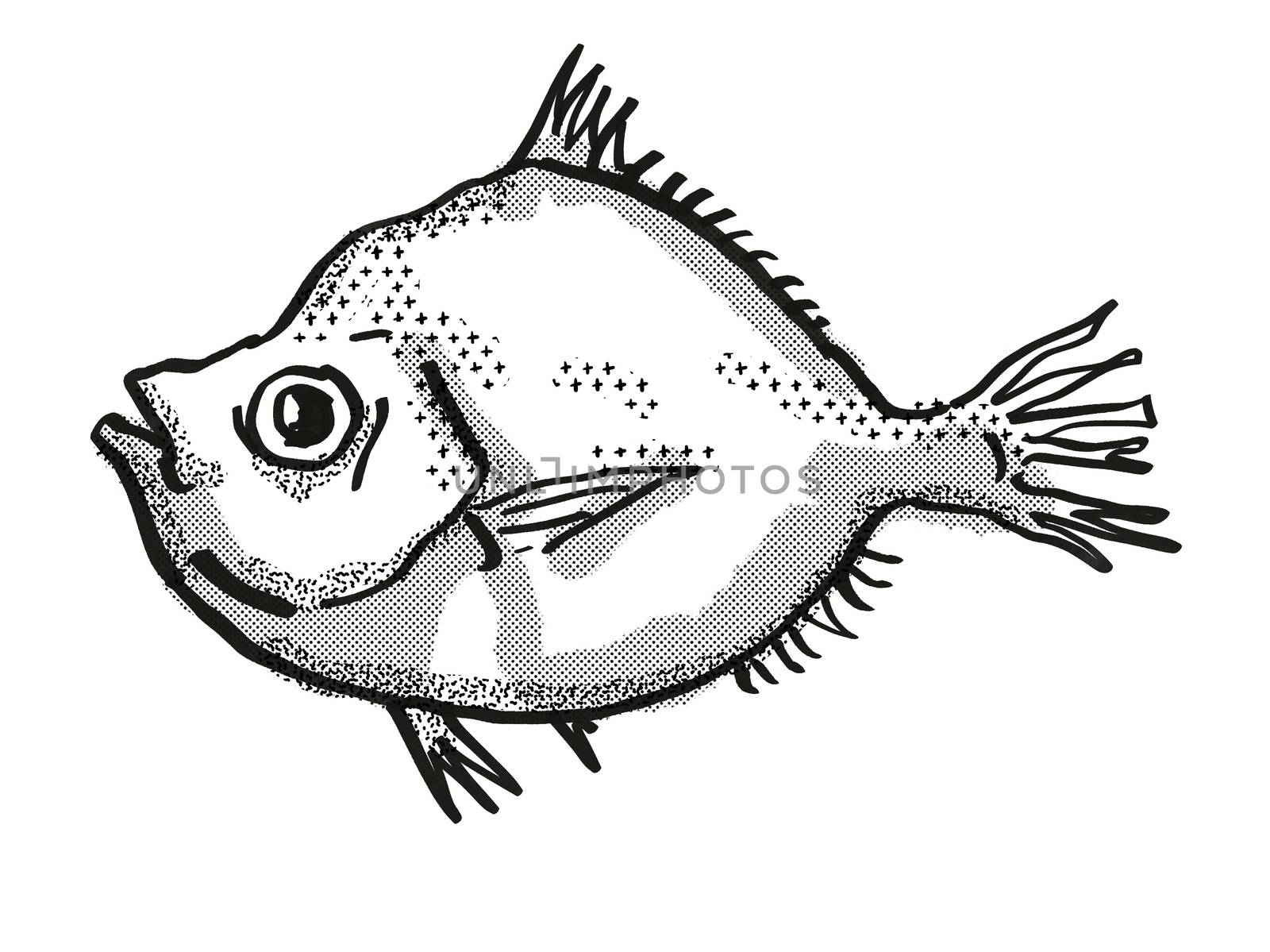 Retro cartoon style drawing of a Malayan Deepsea Boarfish , a native Australian marine life species viewed from side on isolated white background done in black and white.