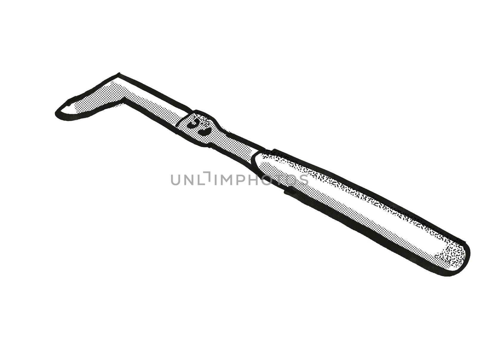 Retro cartoon style drawing of an edging knife, a garden or gardening tool equipment on isolated white background done in black and white