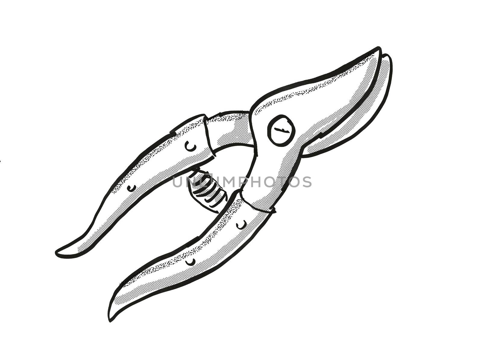 Retro cartoon style drawing of a Pruning shear also called hand pruners or secateurs, a garden or gardening tool equipment on isolated white background done in black and white