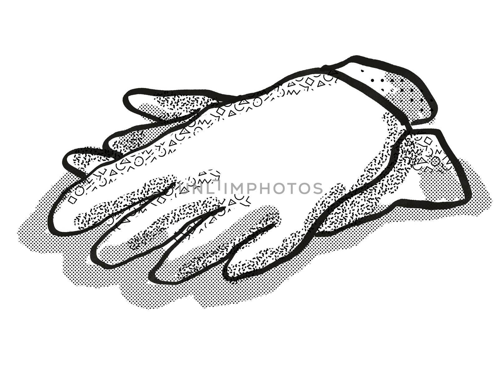 Retro cartoon style drawing of a pair of gardening gloves on isolated white background done in black and white