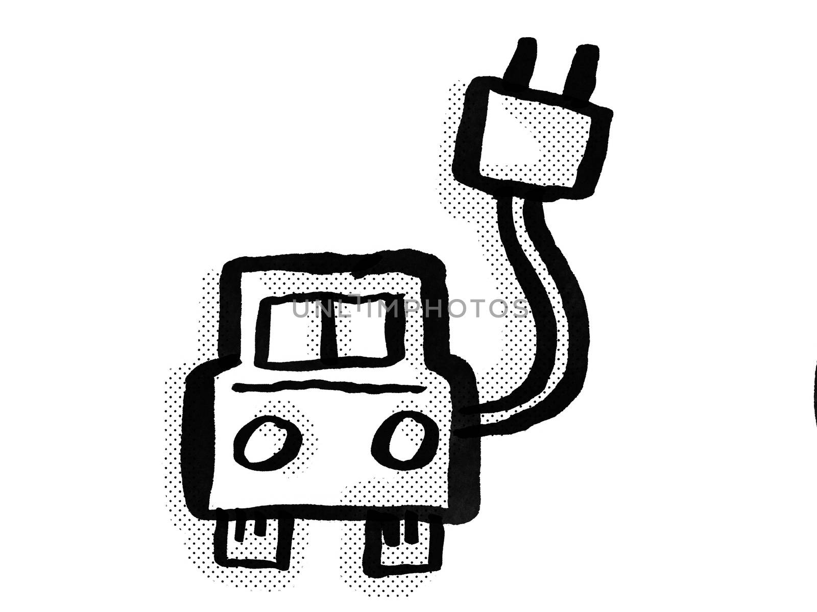 Retro cartoon style drawing of an electric vehicle (EV) charging station icon or symbol on isolated white background done in black and white