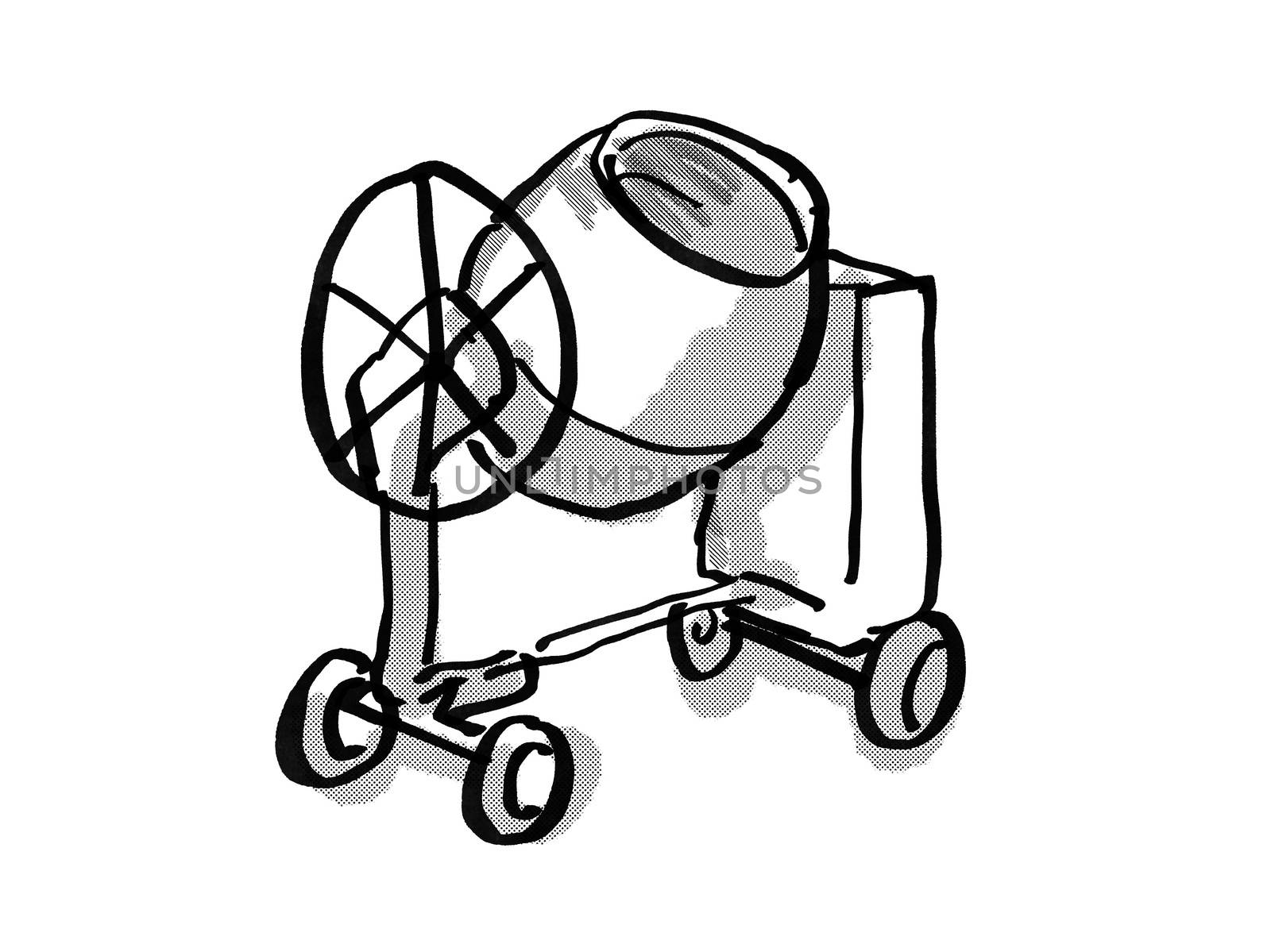 Retro cartoon style drawing of a cement mixer on isolated white background done in black and white