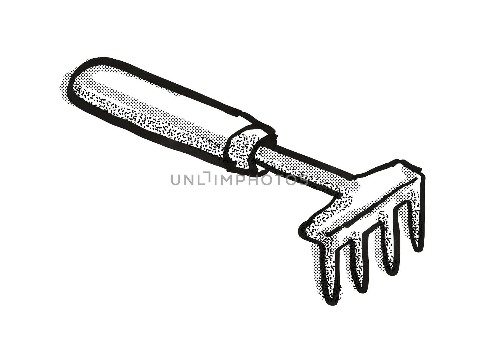 Retro cartoon style drawing of a hand rake , a garden or gardening tool equipment on isolated white background done in black and white