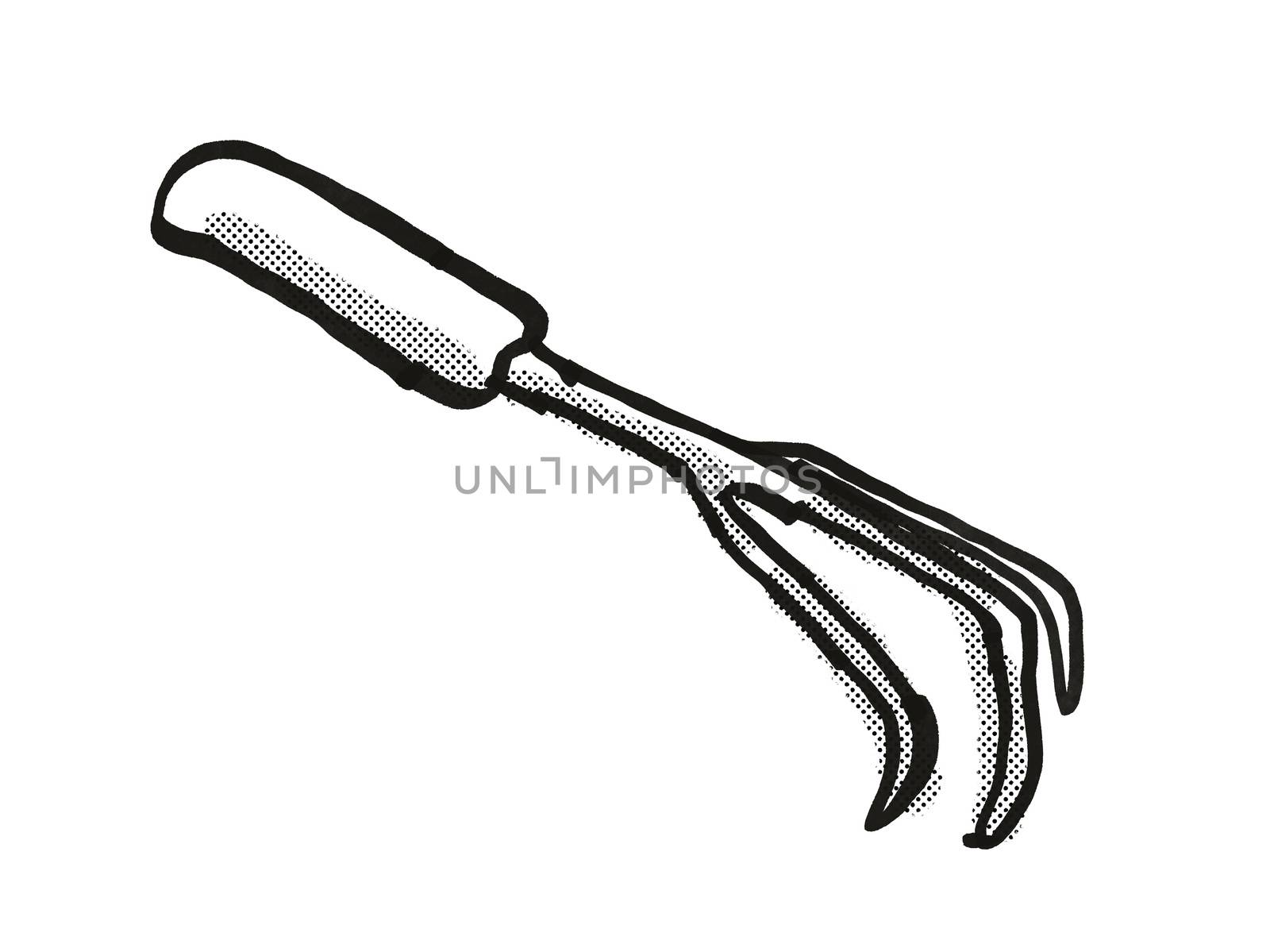 Retro cartoon style drawing of a hand cultivator , a garden or gardening tool equipment on isolated white background done in black and white