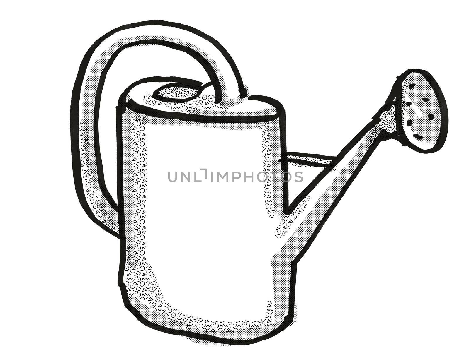 Retro cartoon style drawing of a plastic water or watering can, a garden or gardening tool equipment on isolated white background done in black and white