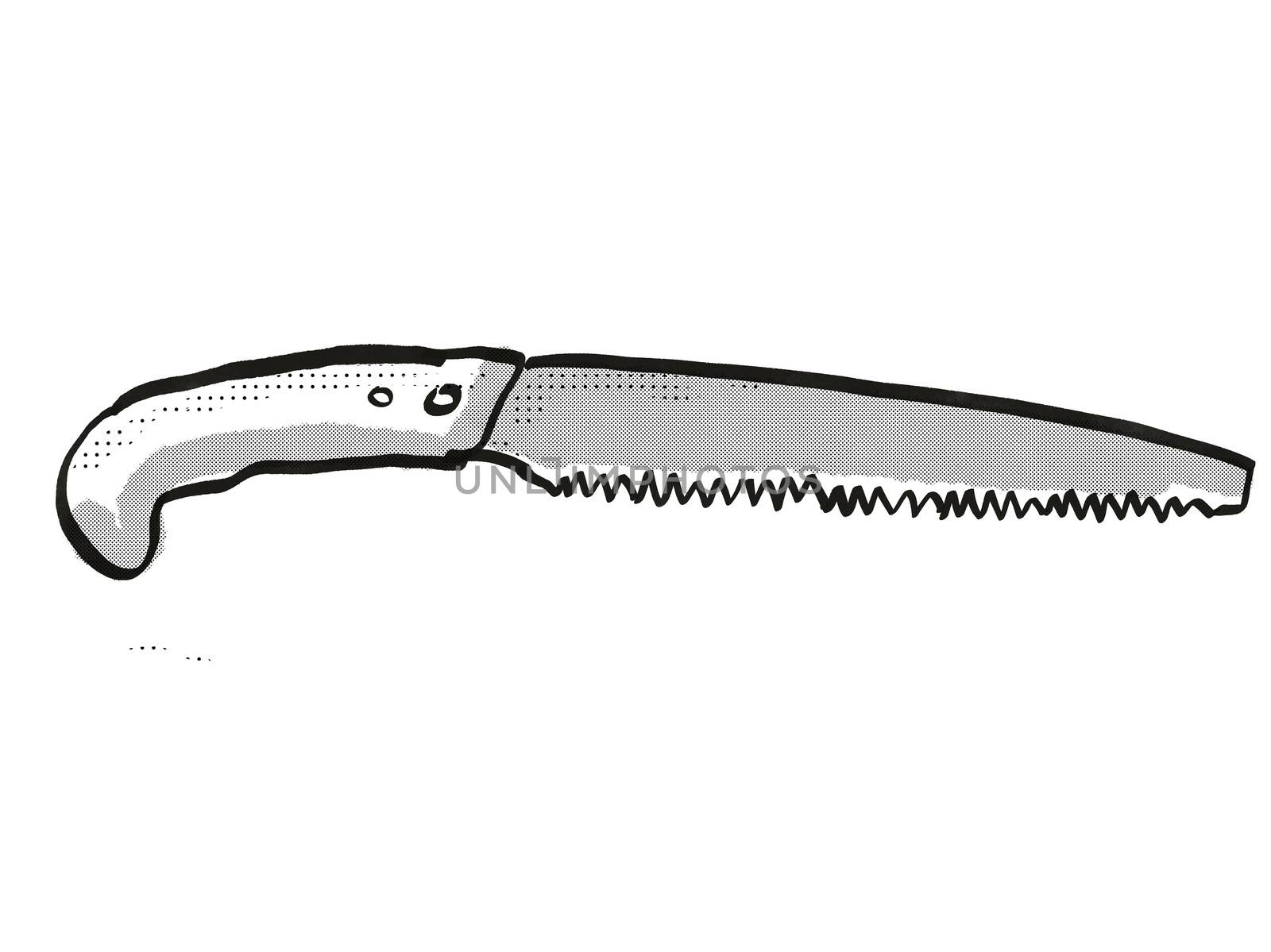 Retro cartoon style drawing of a Japanese pruning saw, a garden or gardening tool equipment on isolated white background done in black and white