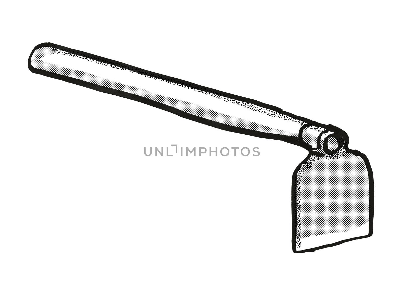 Retro cartoon style drawing of a grub hoe or grab hoe, a garden or gardening tool equipment on isolated white background done in black and white