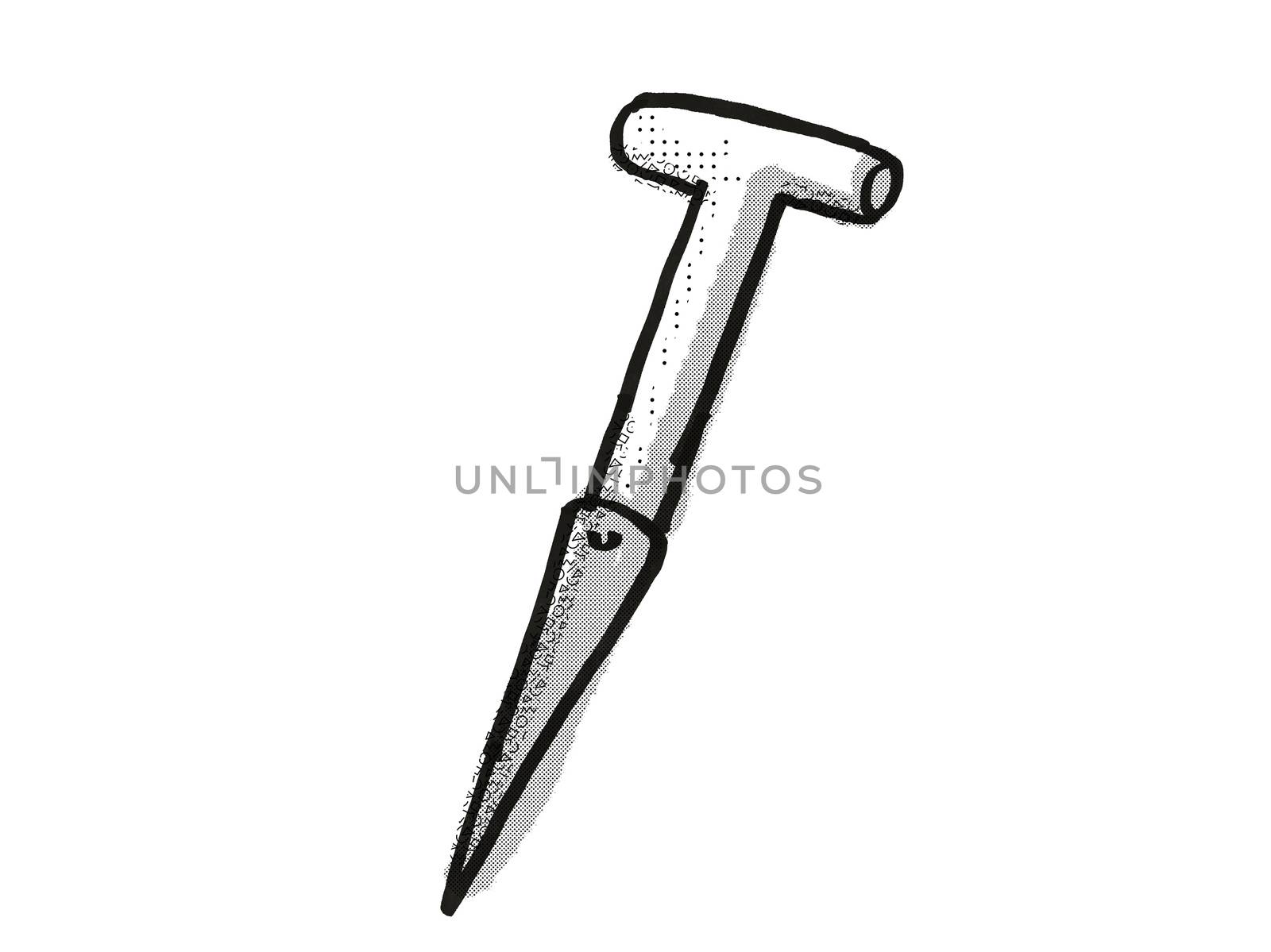 Retro cartoon style drawing of a dibber, dibble or dibbler, a garden or gardening tool equipment on isolated white background done in black and white