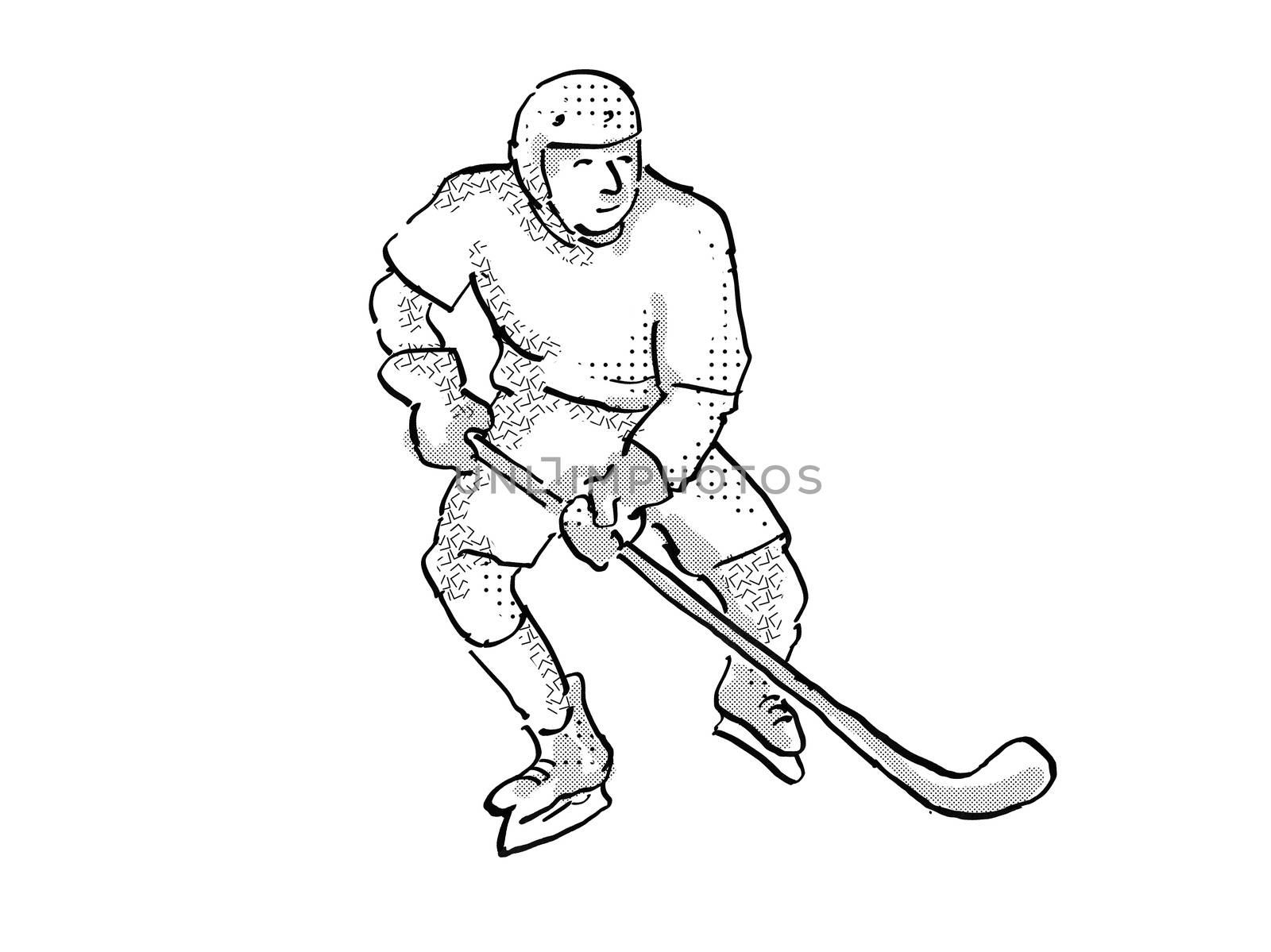 Cartoon style illustration of an ice hockey player in action pose on isolated white background done in retro black and white.